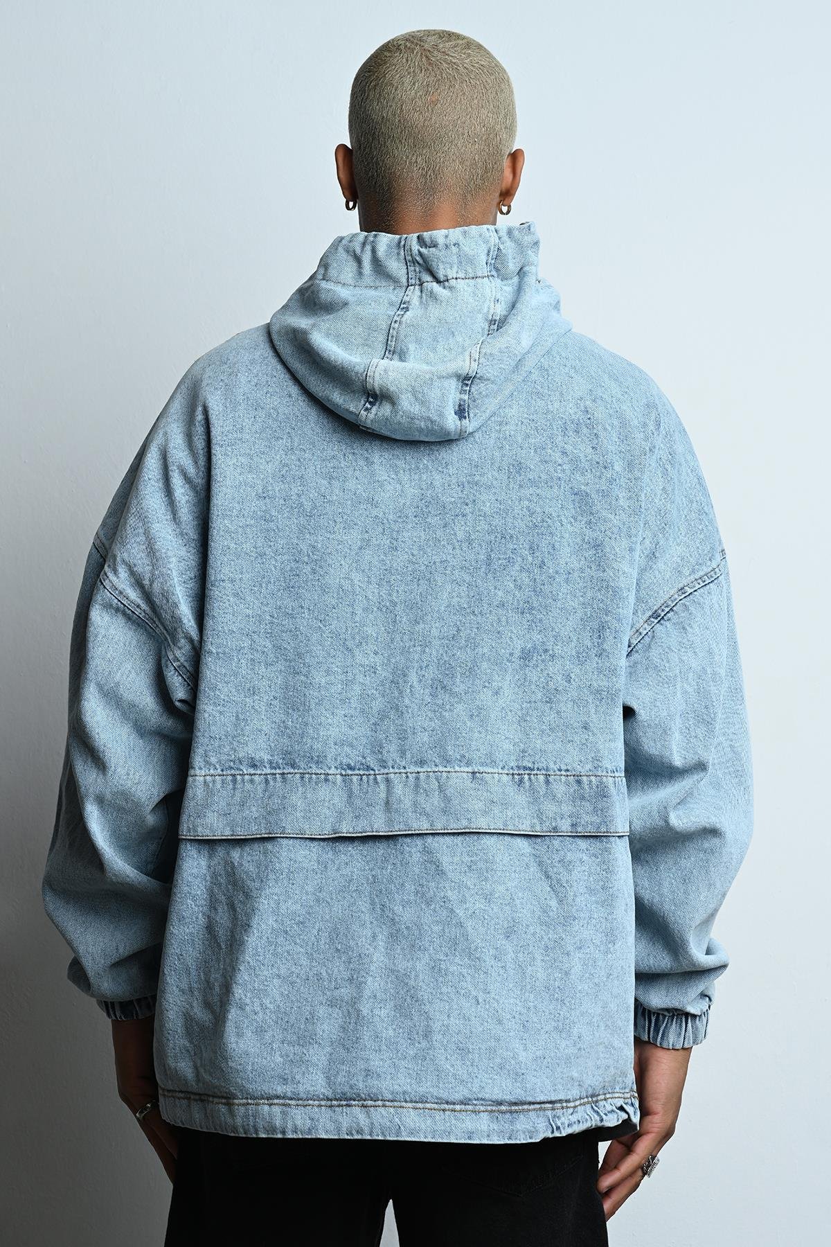 R-2339 Erkek Kapüşonlu Yarım Fermuar Detaylı Kot Sweat