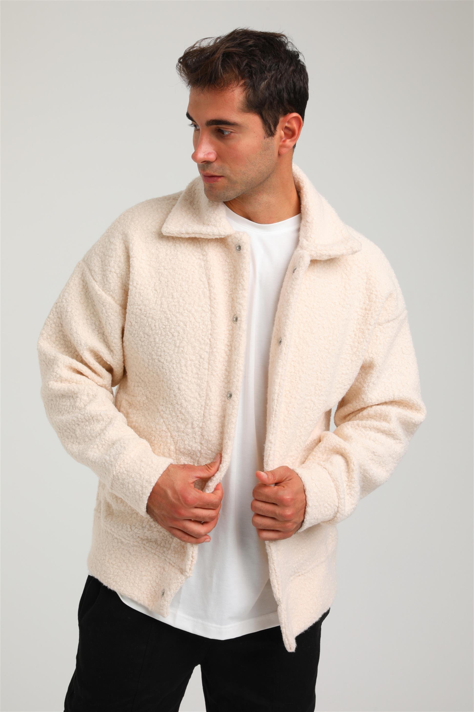 R-2377 Cep Detaylı Çıt Çıtlı Kıvırcık Peluş Mont