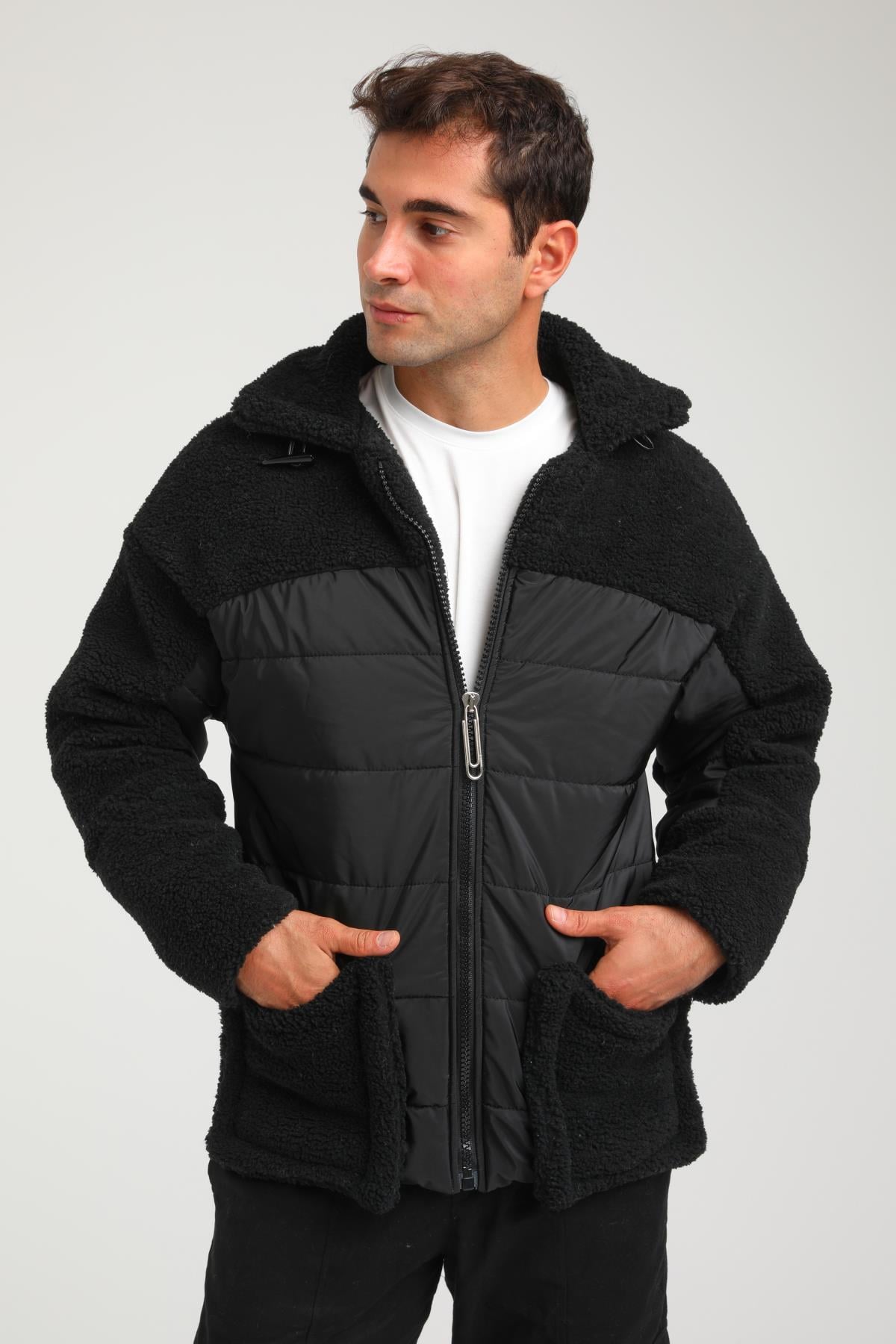 R-2381 Kapitone Peluş Garni Detaylı Astarlı Mont