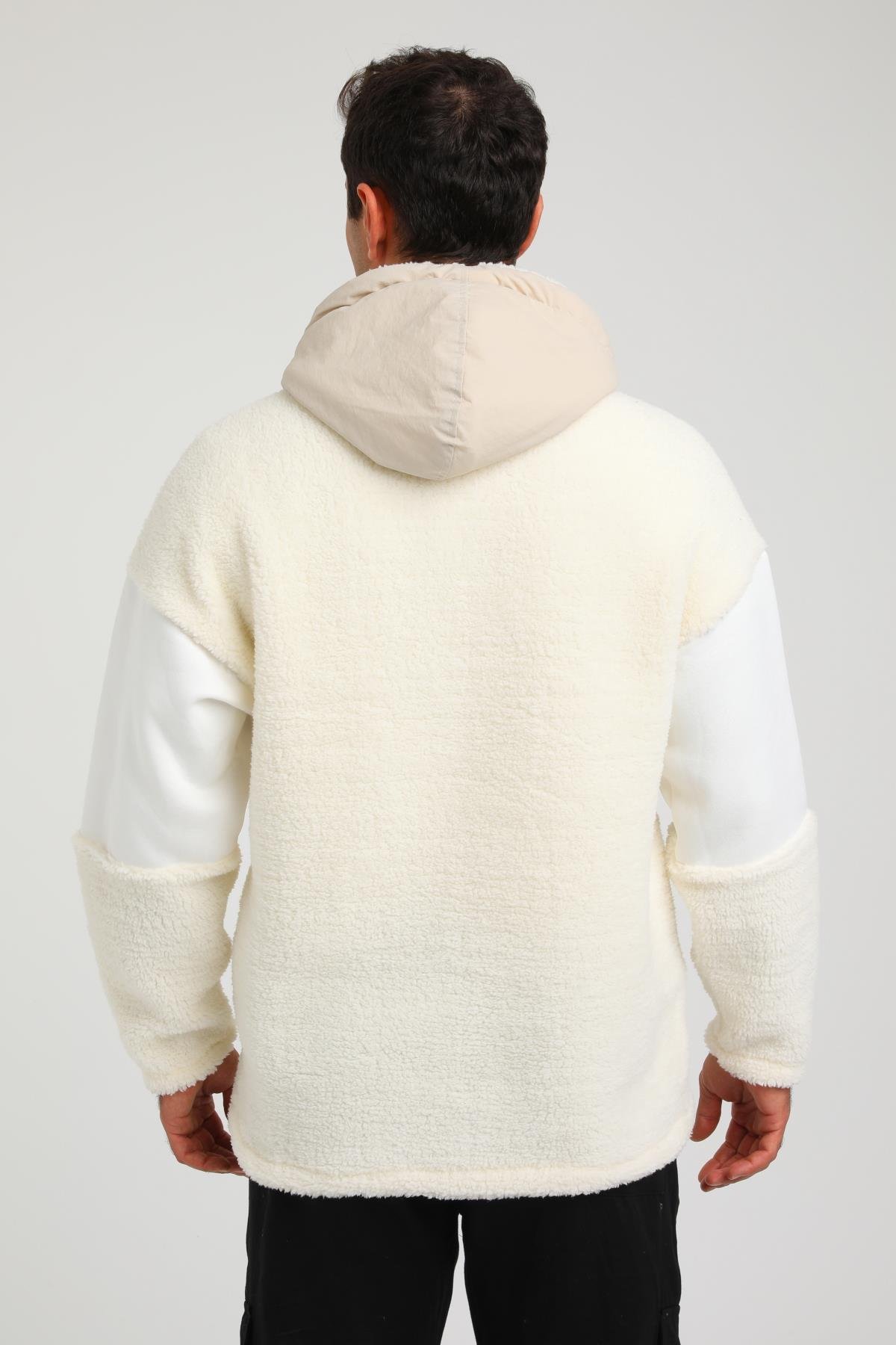 R-2393 Yarım Fermuar Garni Detaylı Kapüşonlu Peluş Sweat