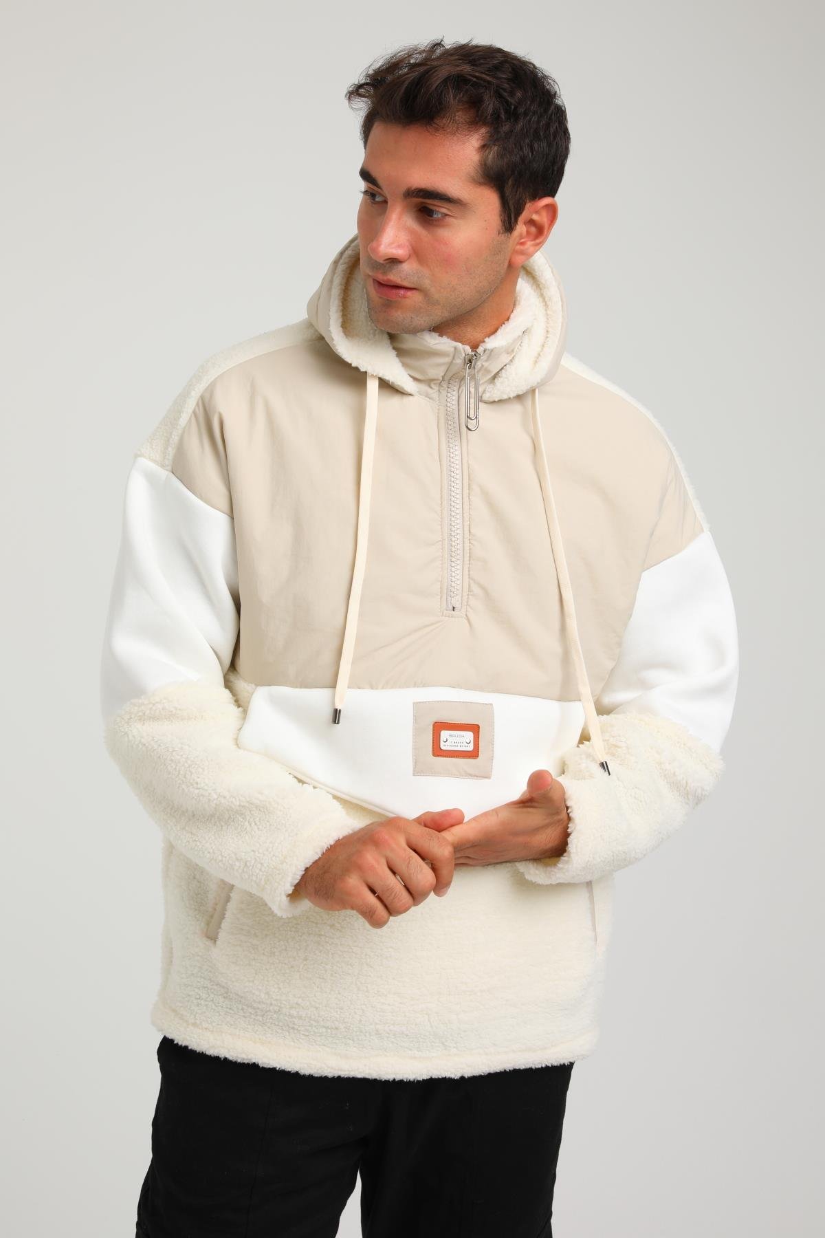 R-2393 Yarım Fermuar Garni Detaylı Kapüşonlu Peluş Sweat