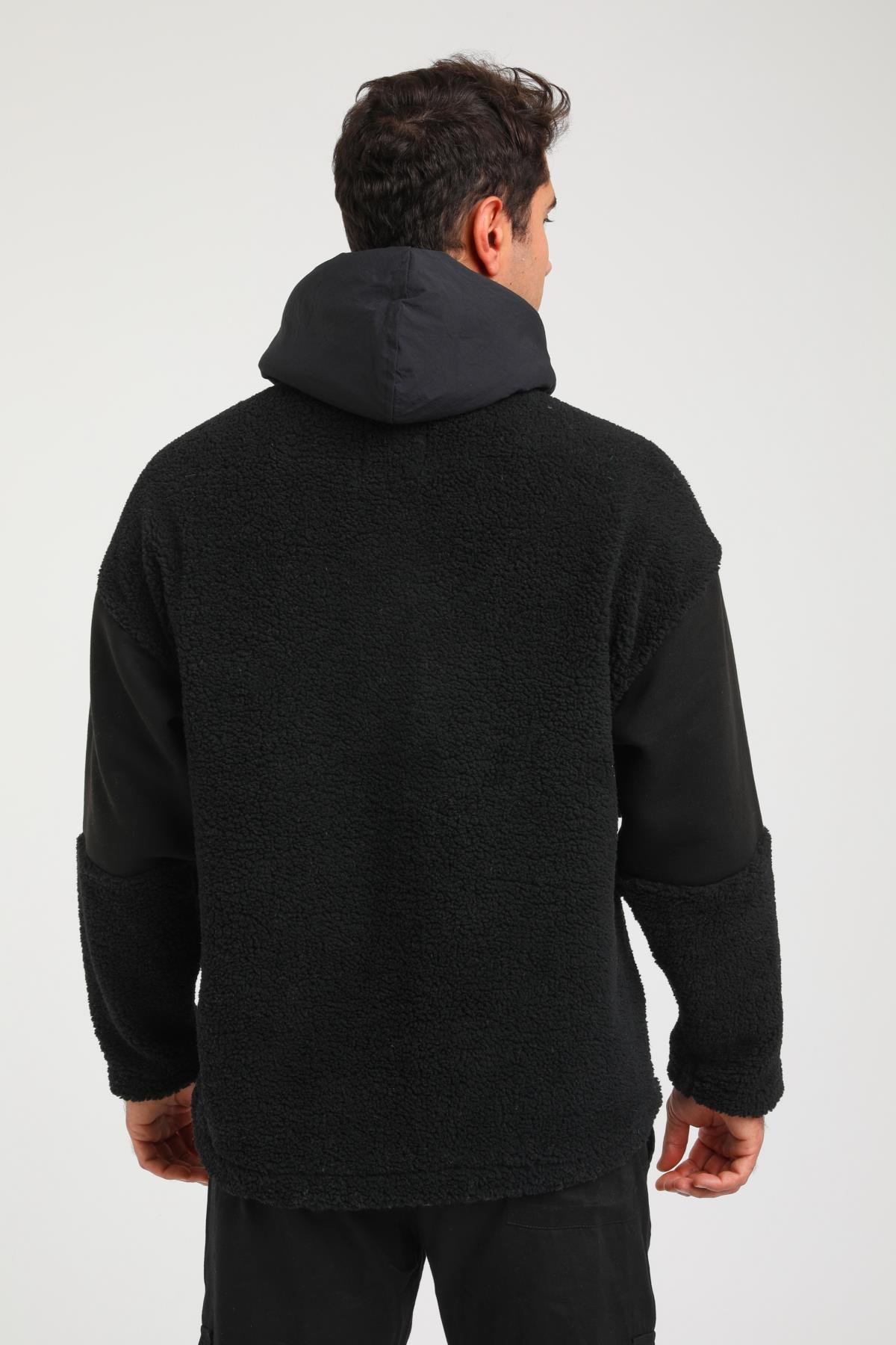 R-2393 Yarım Fermuar Garni Detaylı Kapüşonlu Peluş Sweat
