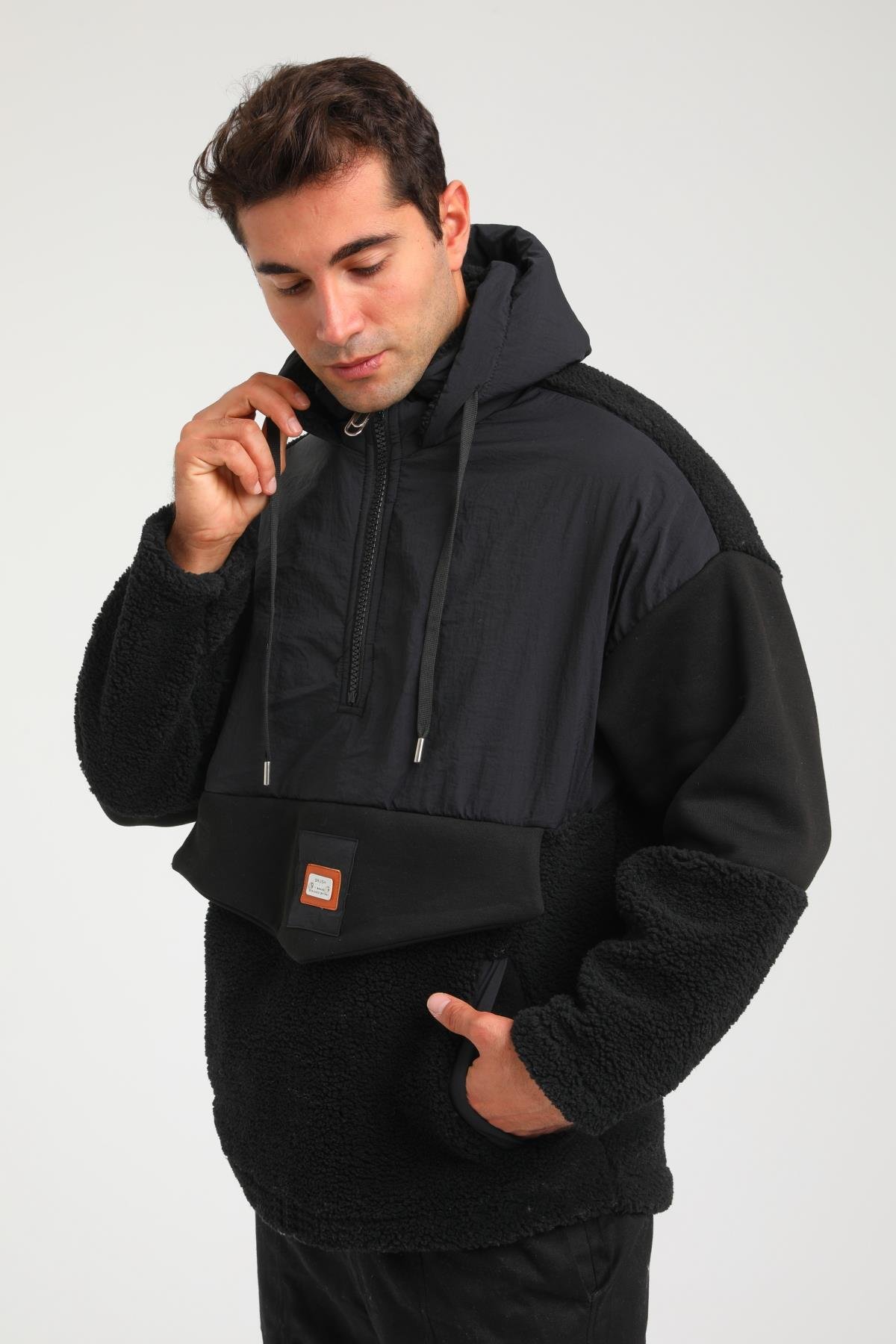 R-2393 Yarım Fermuar Garni Detaylı Kapüşonlu Peluş Sweat