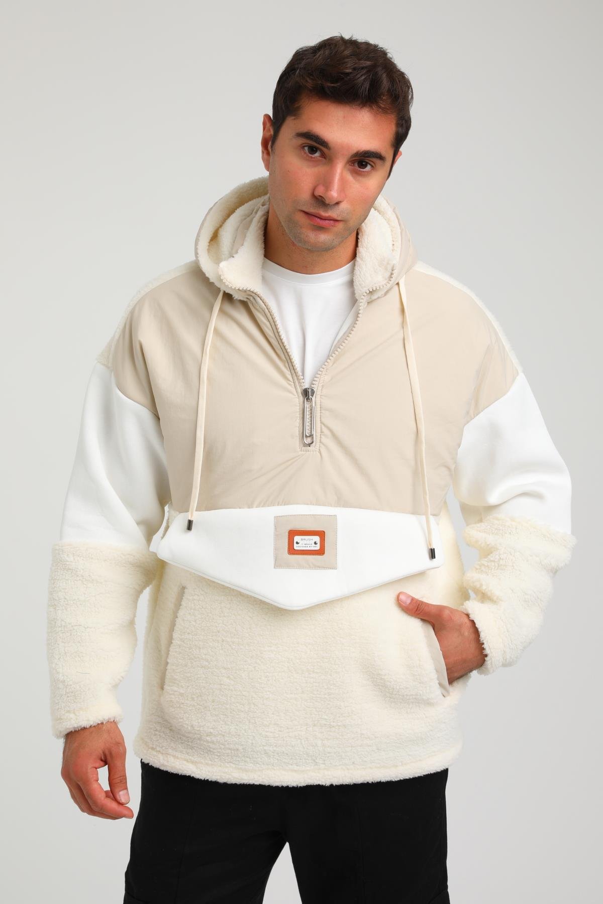 R-2393 Yarım Fermuar Garni Detaylı Kapüşonlu Peluş Sweat