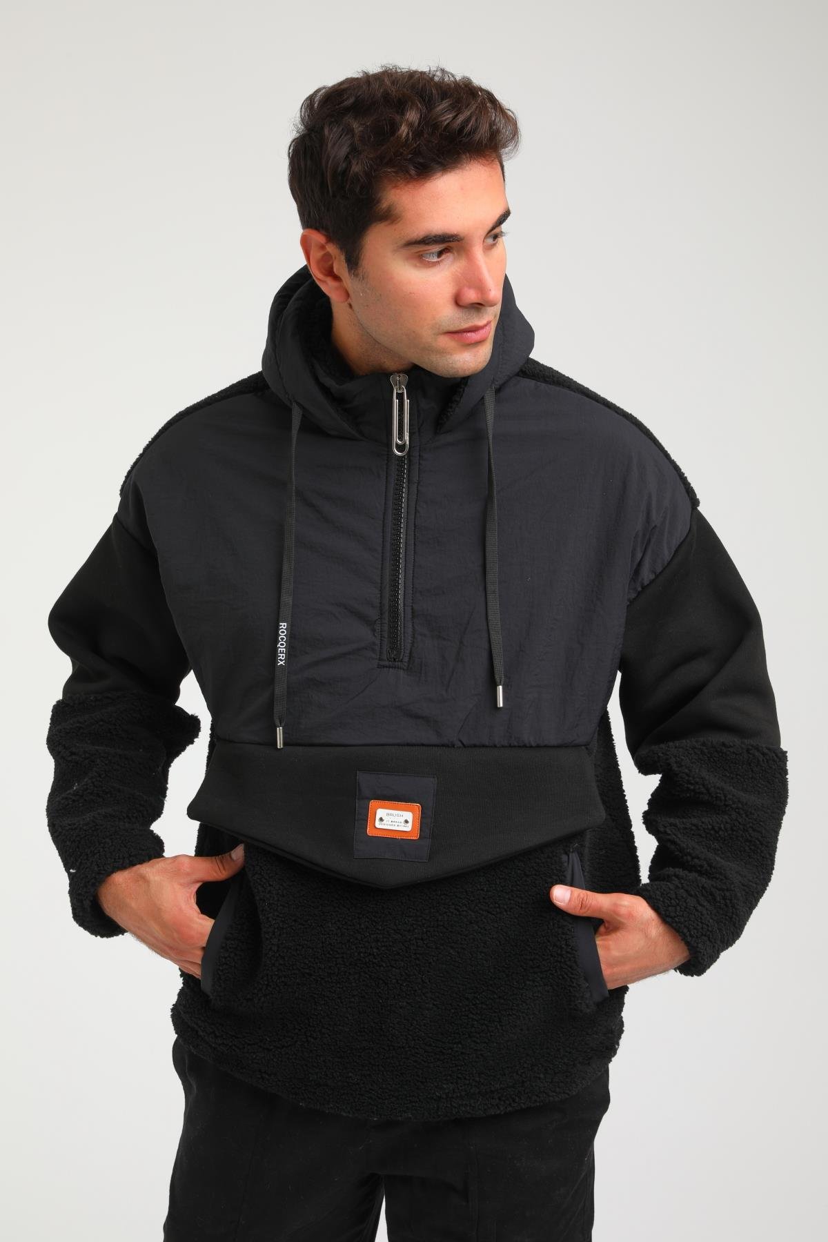 R-2393 Yarım Fermuar Garni Detaylı Kapüşonlu Peluş Sweat