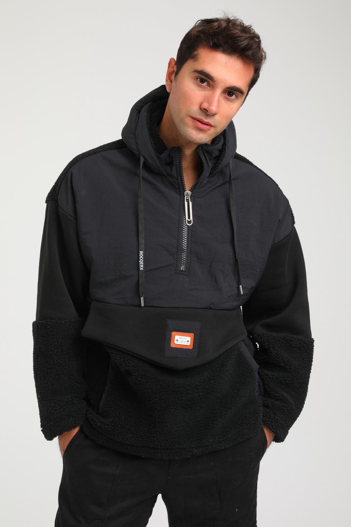 R-2393 Yarım Fermuar Garni Detaylı Kapüşonlu Peluş Sweat