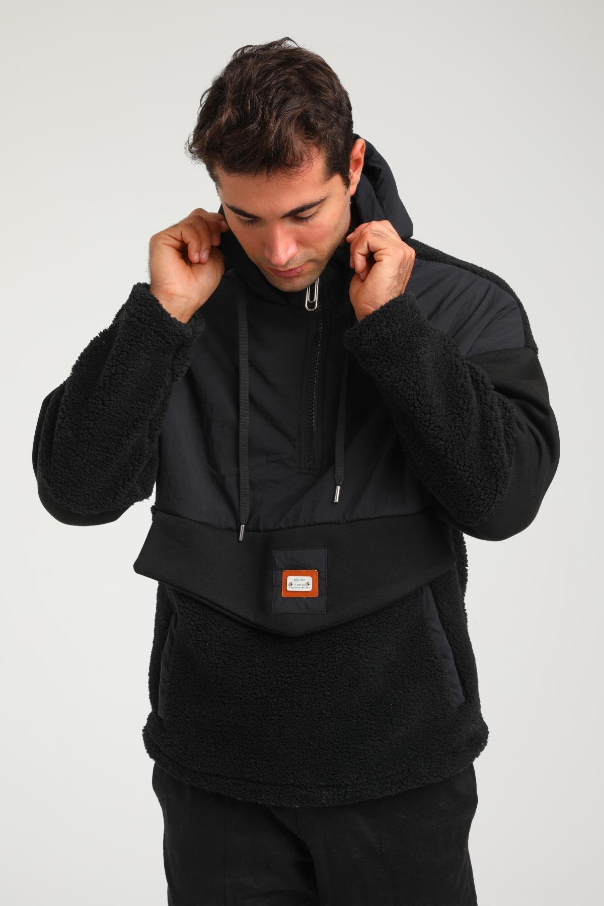 R-2393 Yarım Fermuar Garni Detaylı Kapüşonlu Peluş Sweat