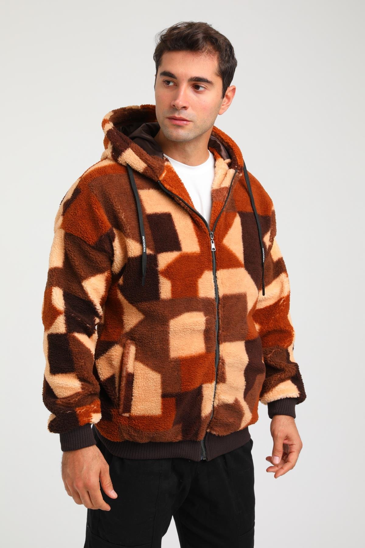 R-2405 Kapüşonlu Astarlı Dijital Baskılı Peluş Mont