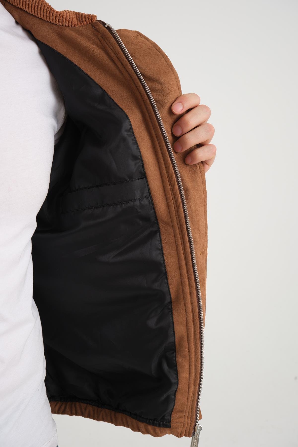 R-2417 Yaka Garni Astarlı Süet Mont