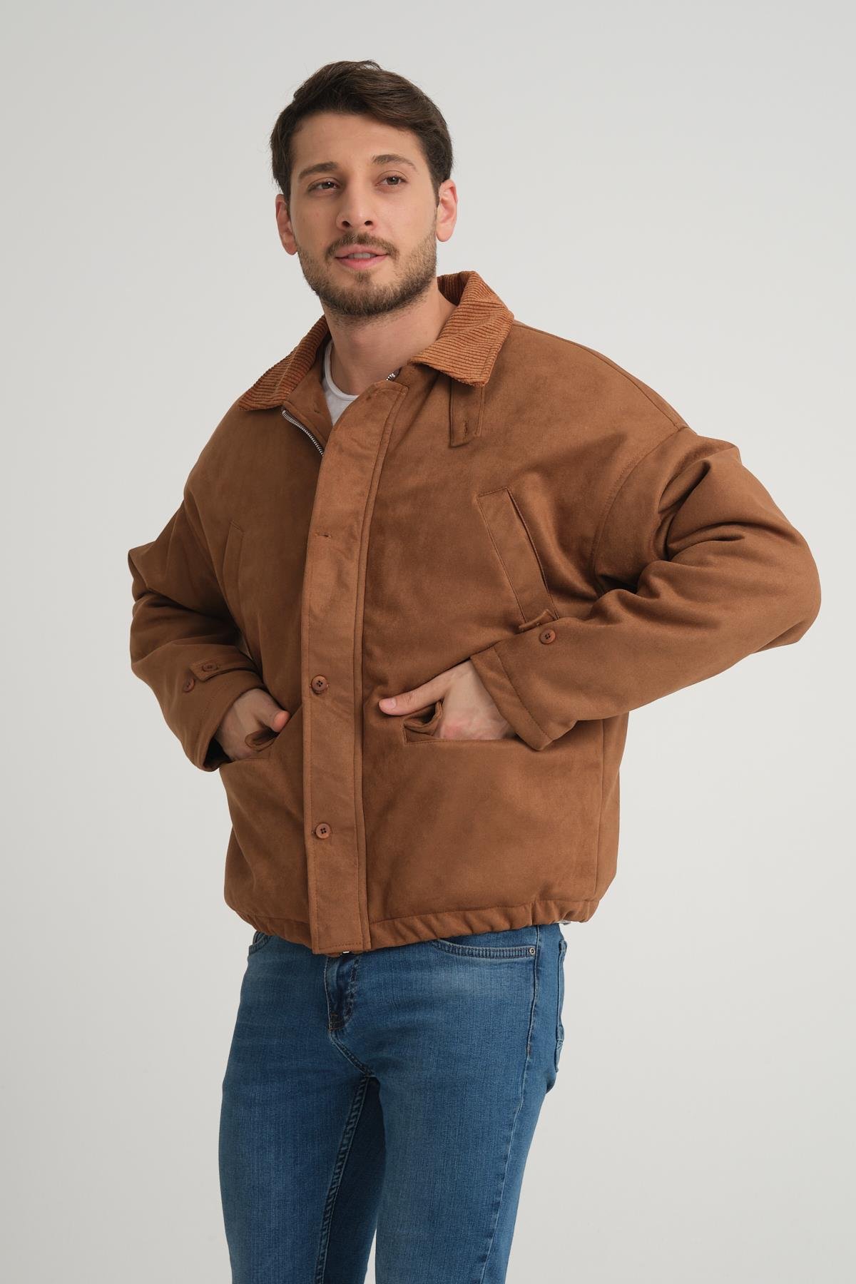 R-2417 Yaka Garni Astarlı Süet Mont