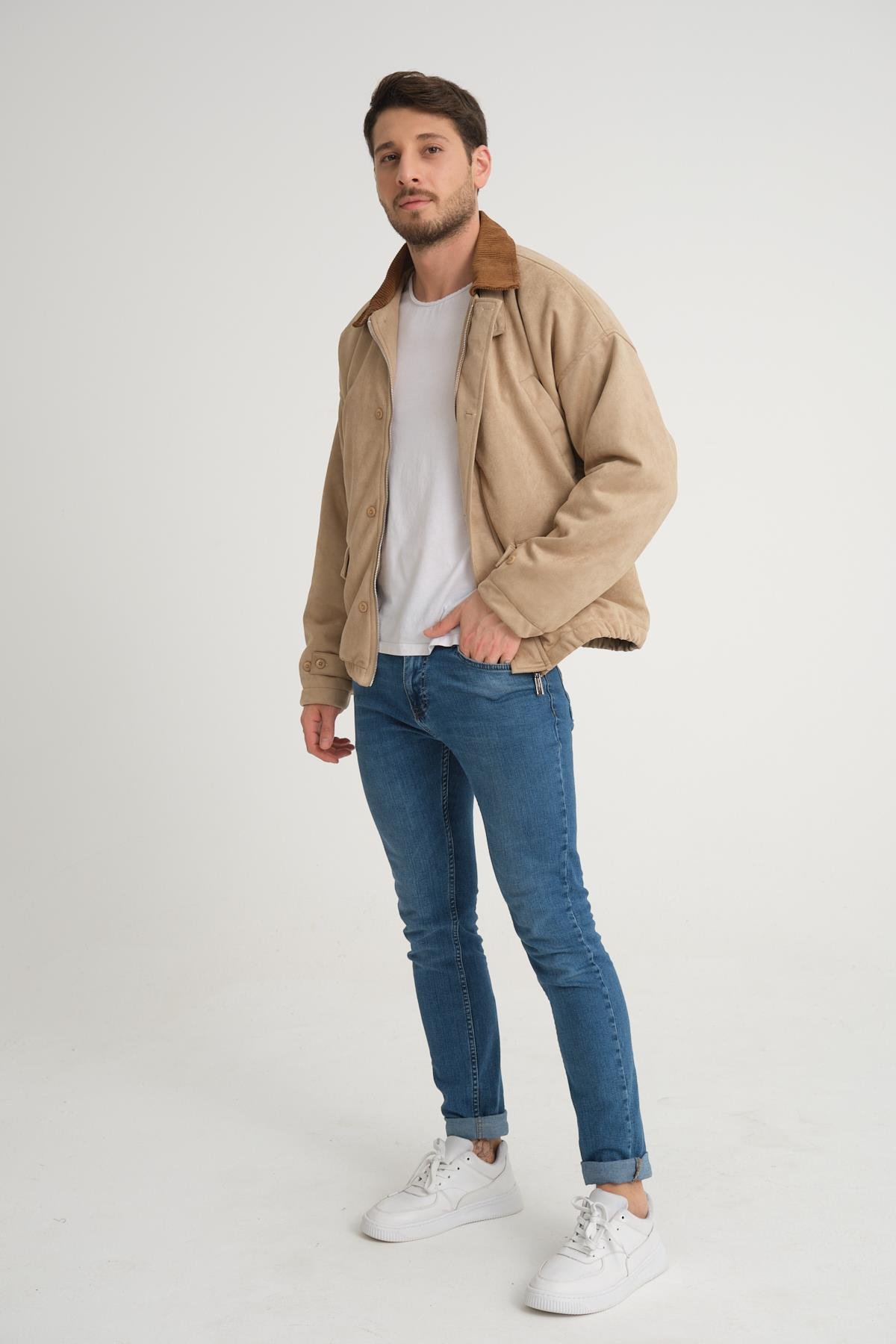 R-2417 Yaka Garni Astarlı Süet Mont
