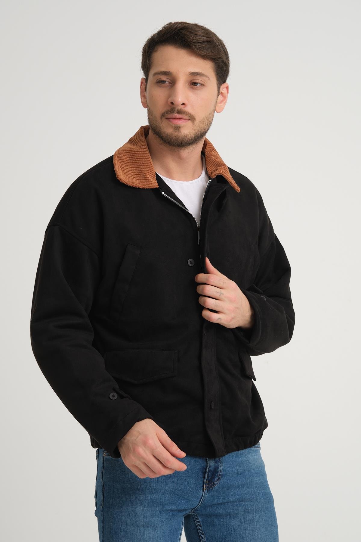 R-2417 Yaka Garni Astarlı Süet Mont