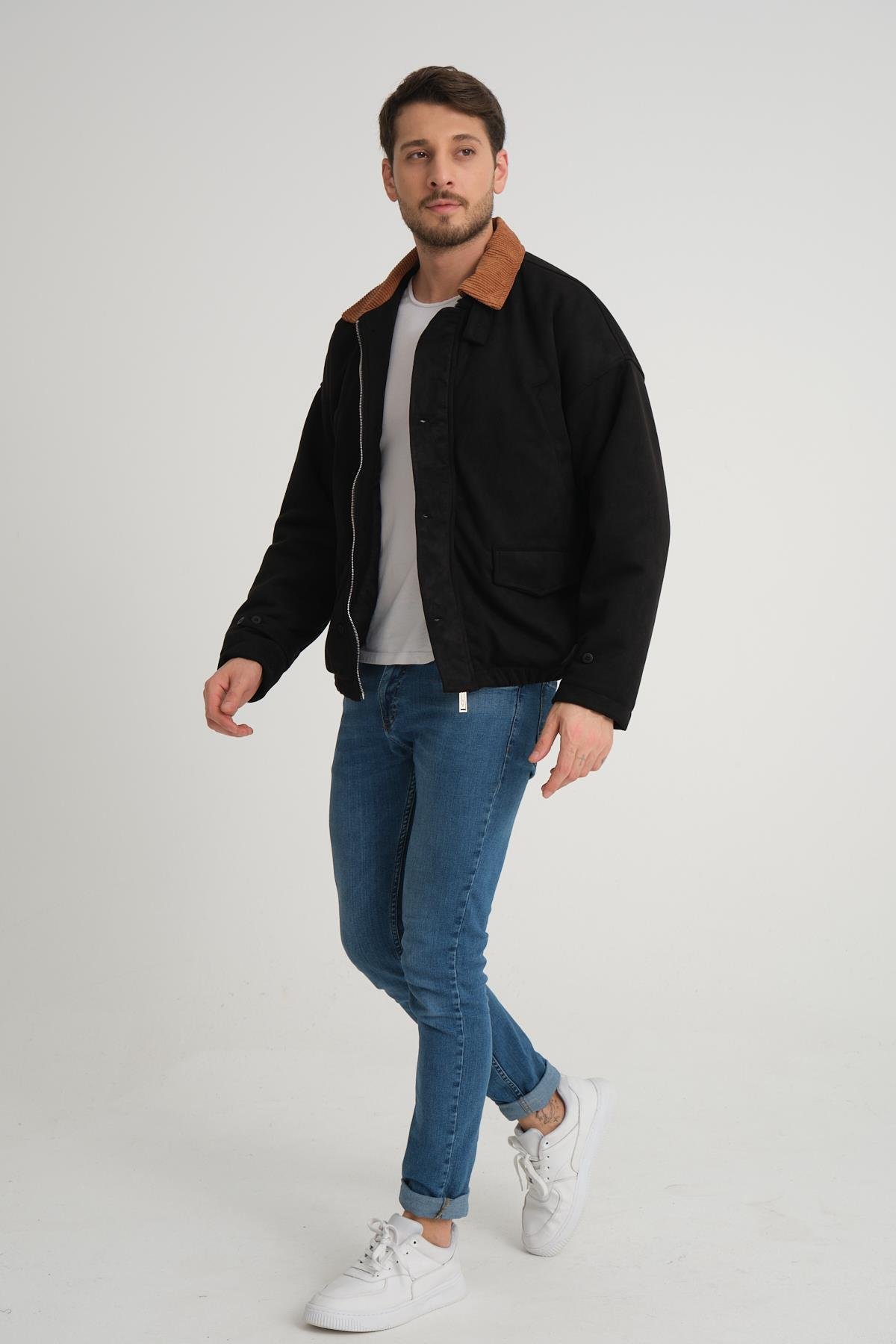 R-2417 Yaka Garni Astarlı Süet Mont