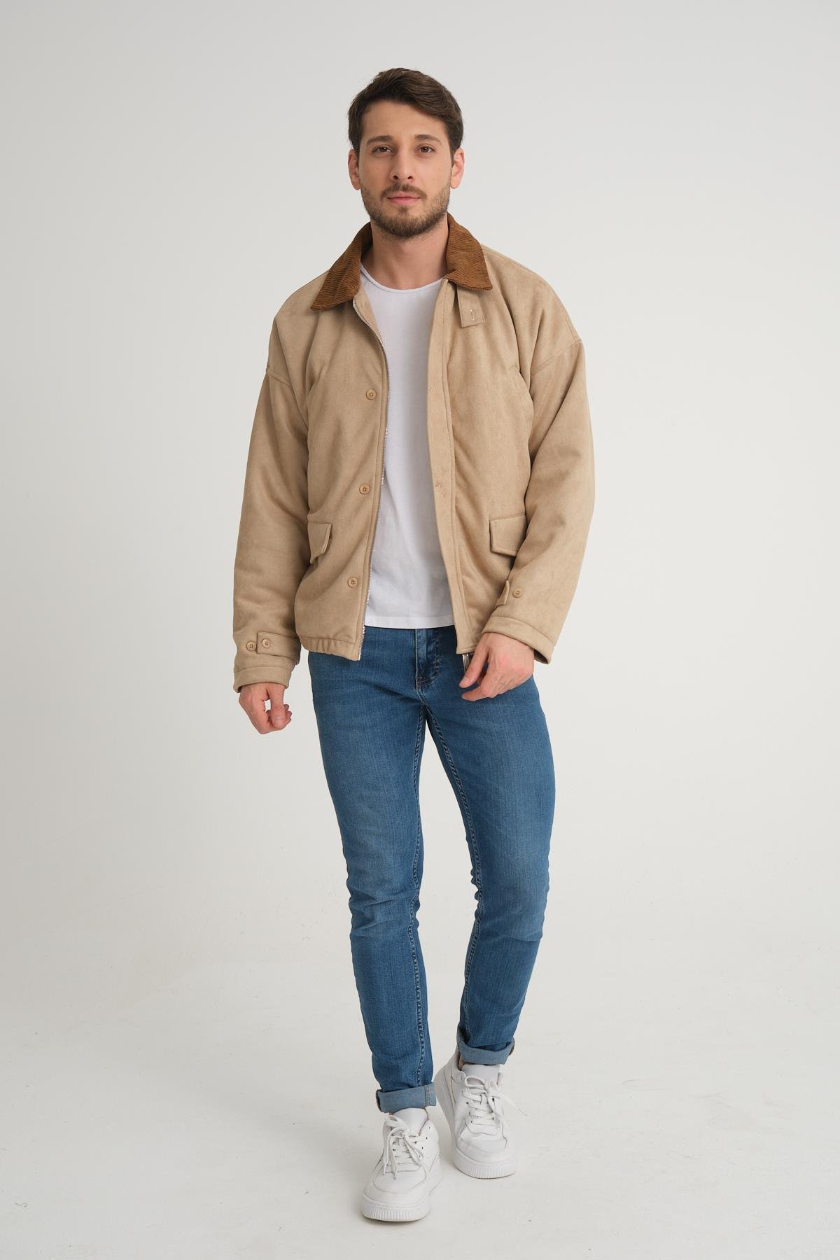 R-2417 Yaka Garni Astarlı Süet Mont