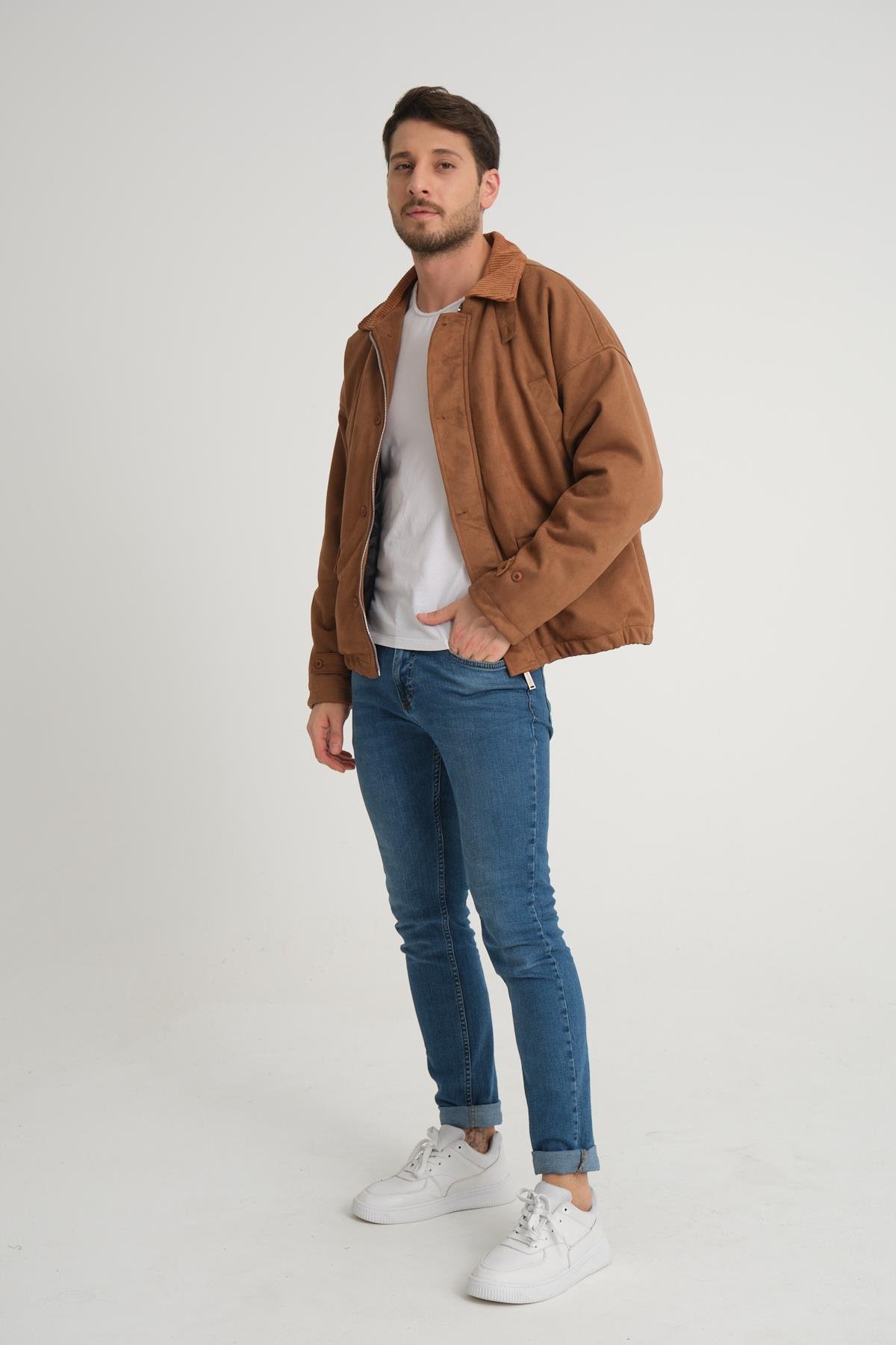 R-2417 Yaka Garni Astarlı Süet Mont