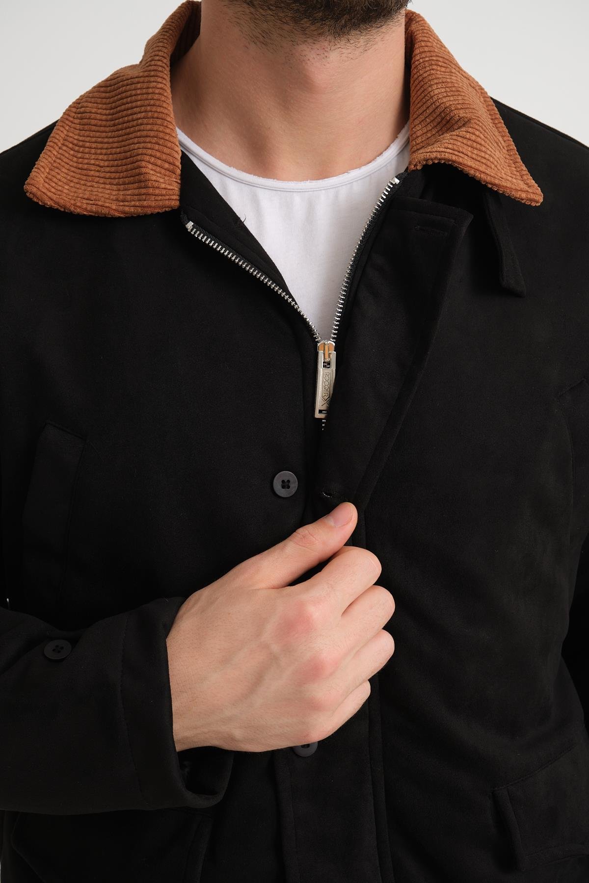R-2417 Yaka Garni Astarlı Süet Mont