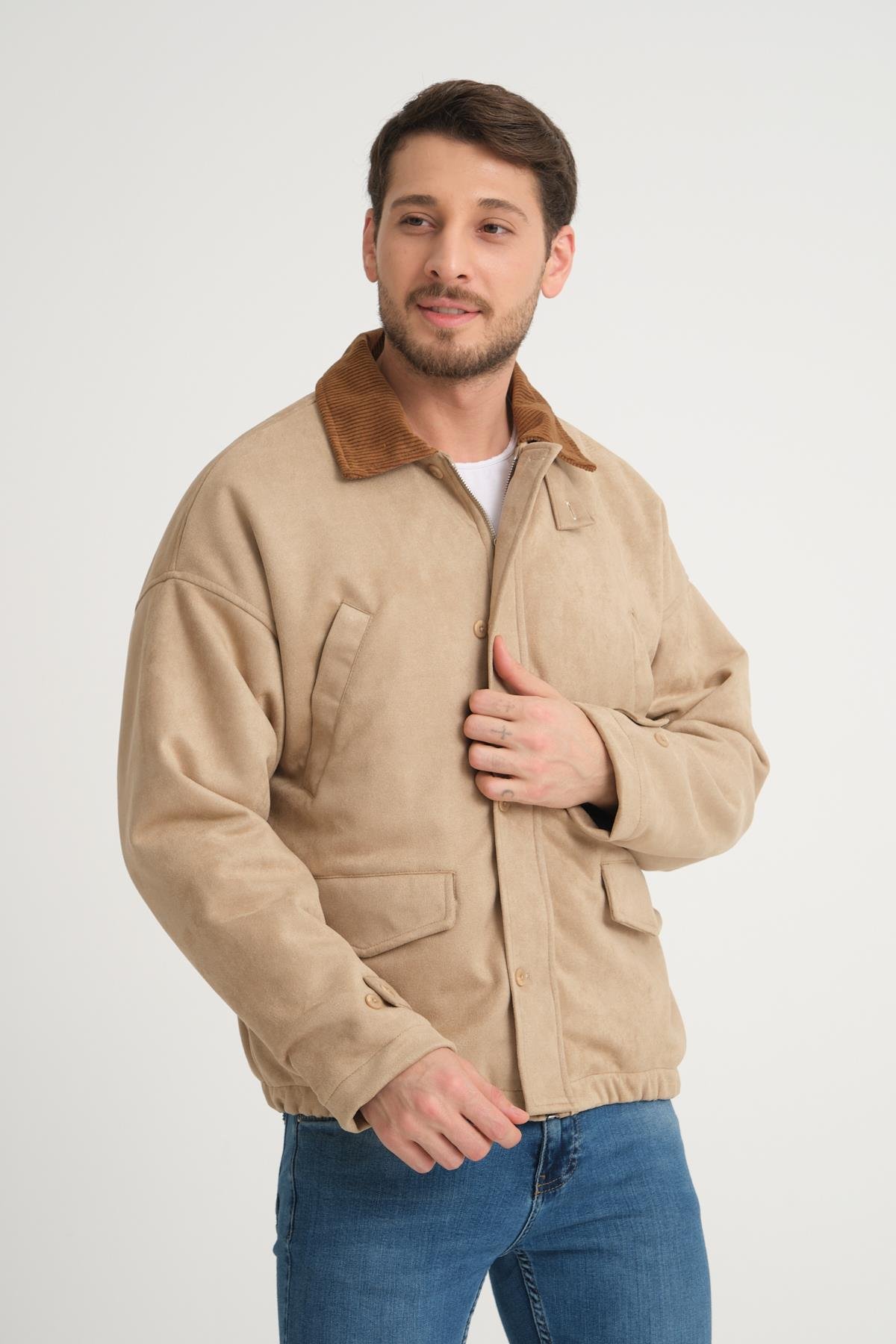 R-2417 Yaka Garni Astarlı Süet Mont