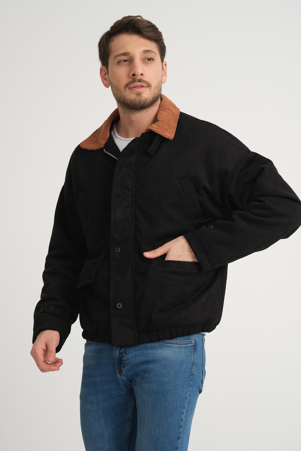 R-2417 Yaka Garni Astarlı Süet Mont