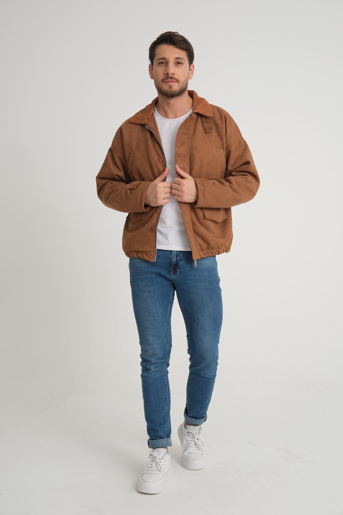 R-2417 Yaka Garni Astarlı Süet Mont