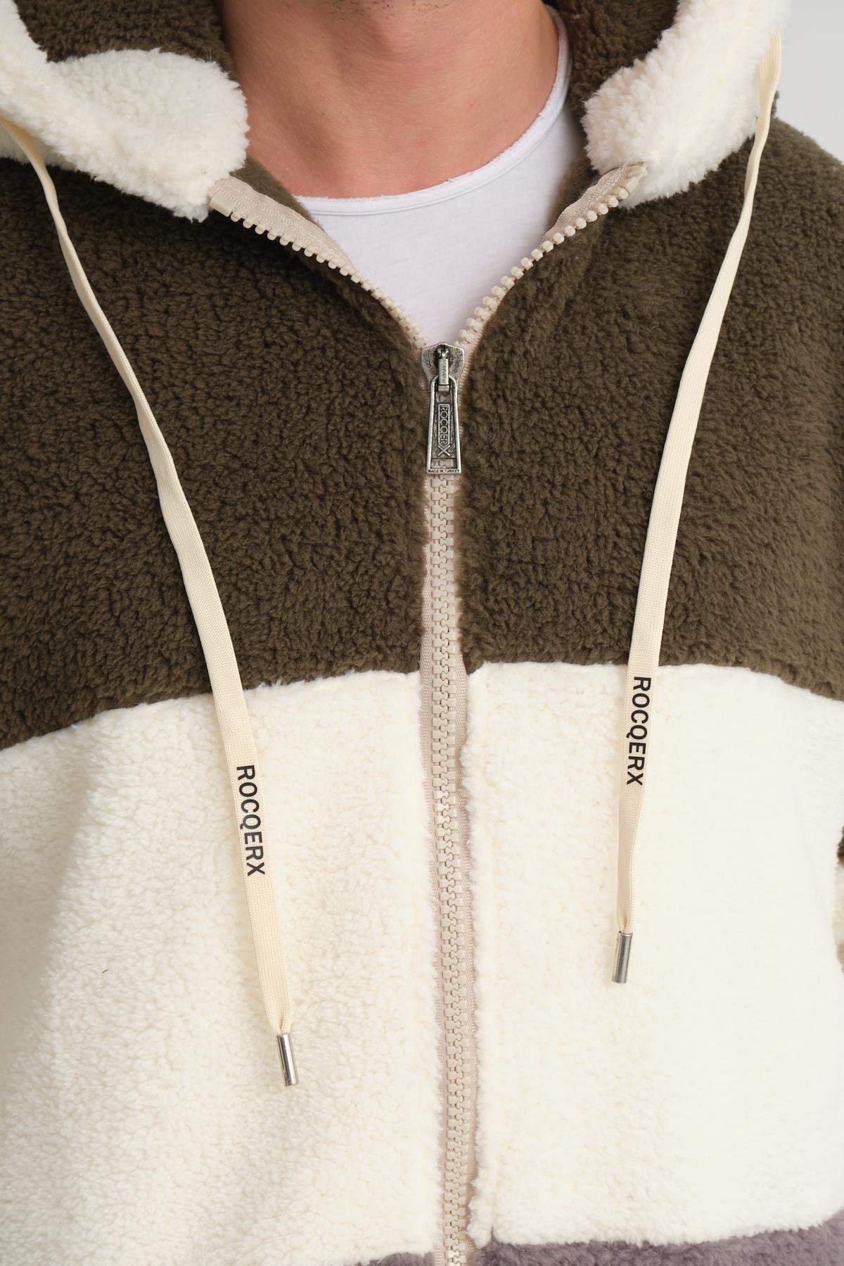 R-2428 Üç Renk Garni Detaylı Fermuarlı Şardonlu Peluş