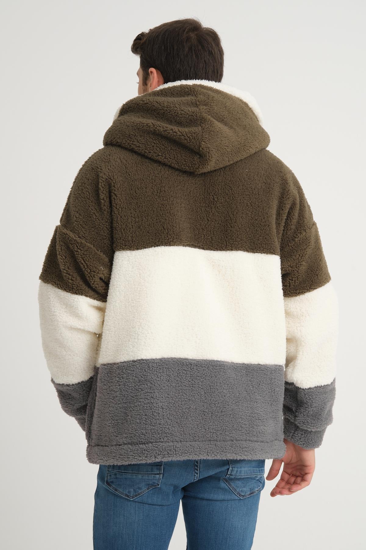 R-2428 Üç Renk Garni Detaylı Fermuarlı Şardonlu Peluş