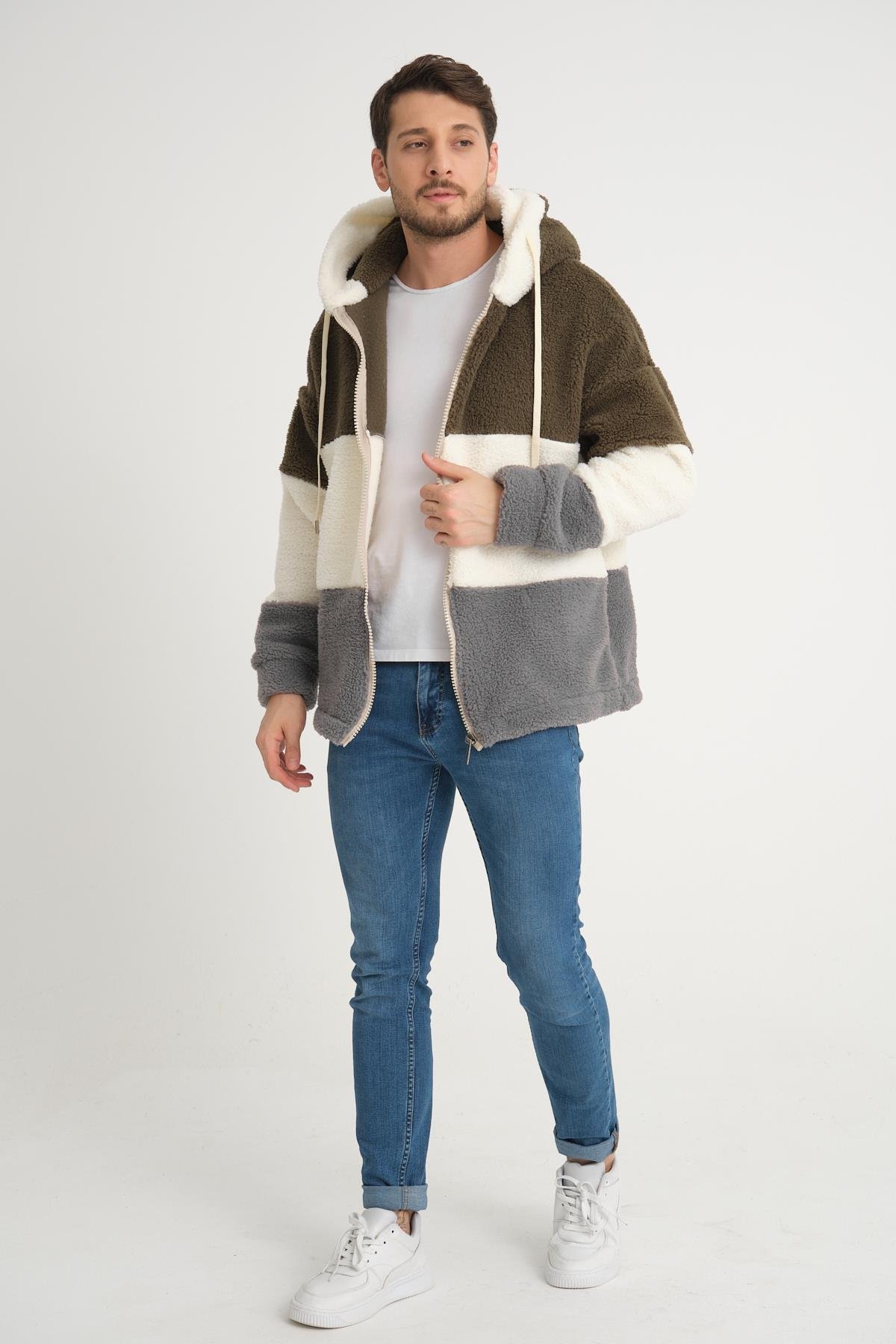 R-2428 Üç Renk Garni Detaylı Fermuarlı Şardonlu Peluş