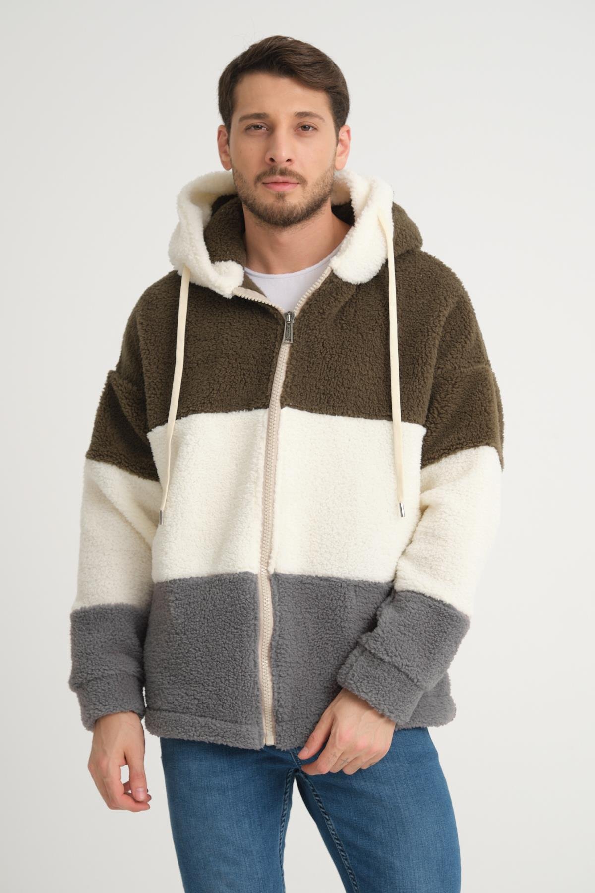 R-2428 Üç Renk Garni Detaylı Fermuarlı Şardonlu Peluş