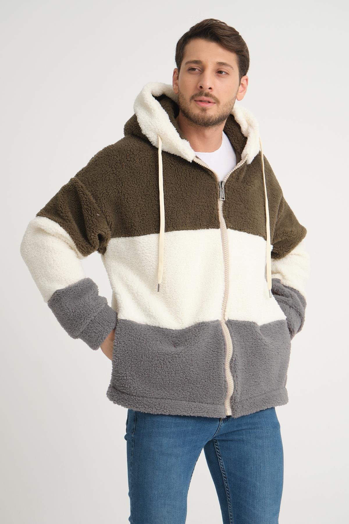 R-2428 Üç Renk Garni Detaylı Fermuarlı Şardonlu Peluş