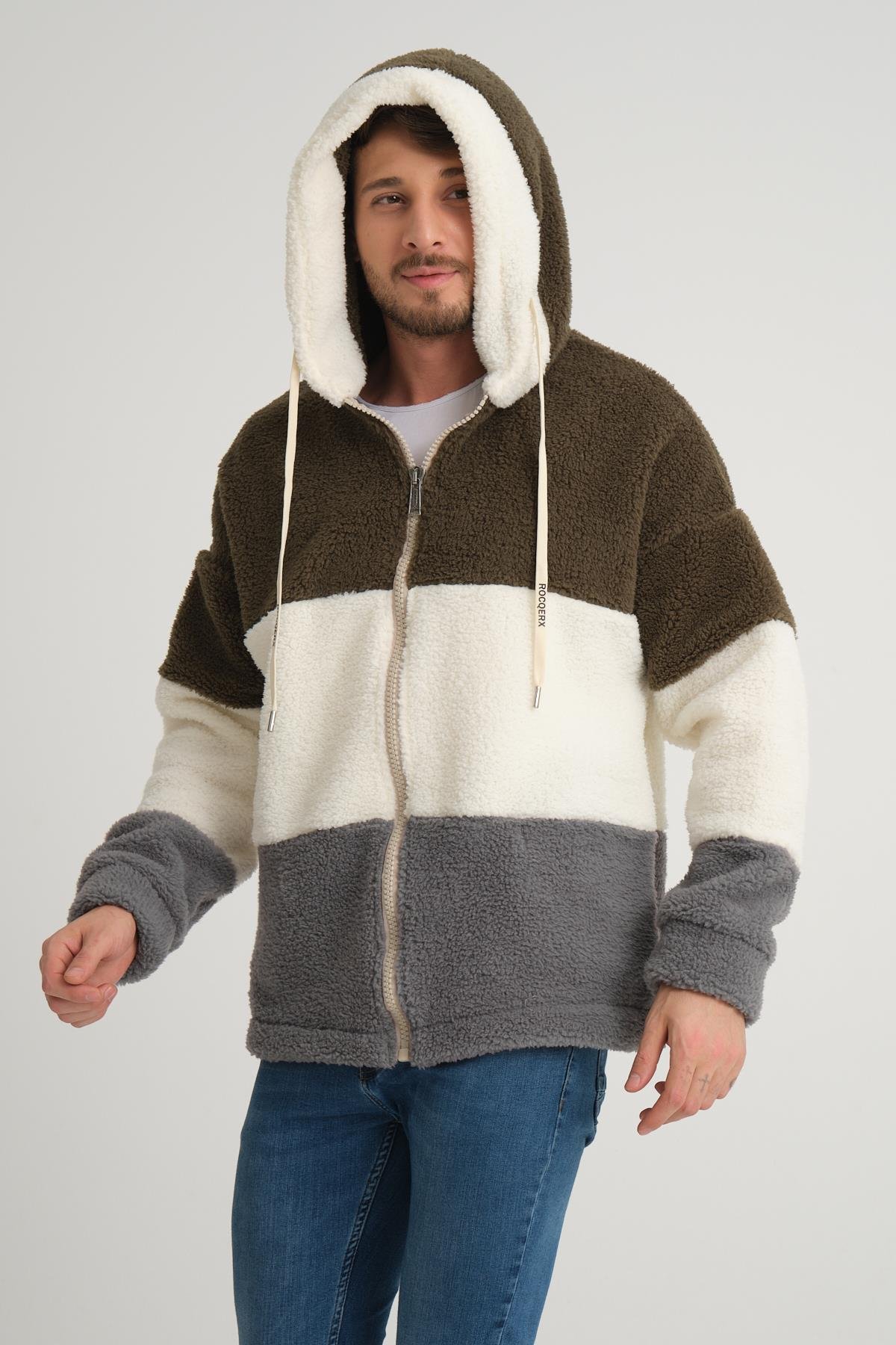 R-2428 Üç Renk Garni Detaylı Fermuarlı Şardonlu Peluş