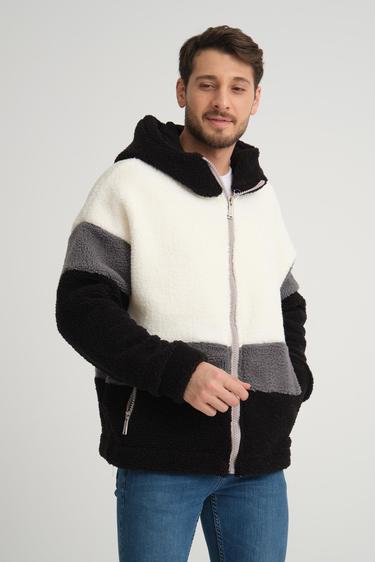 R-2430 Üç Renk Garni Detaylı Fermuarlı Peluş Mont