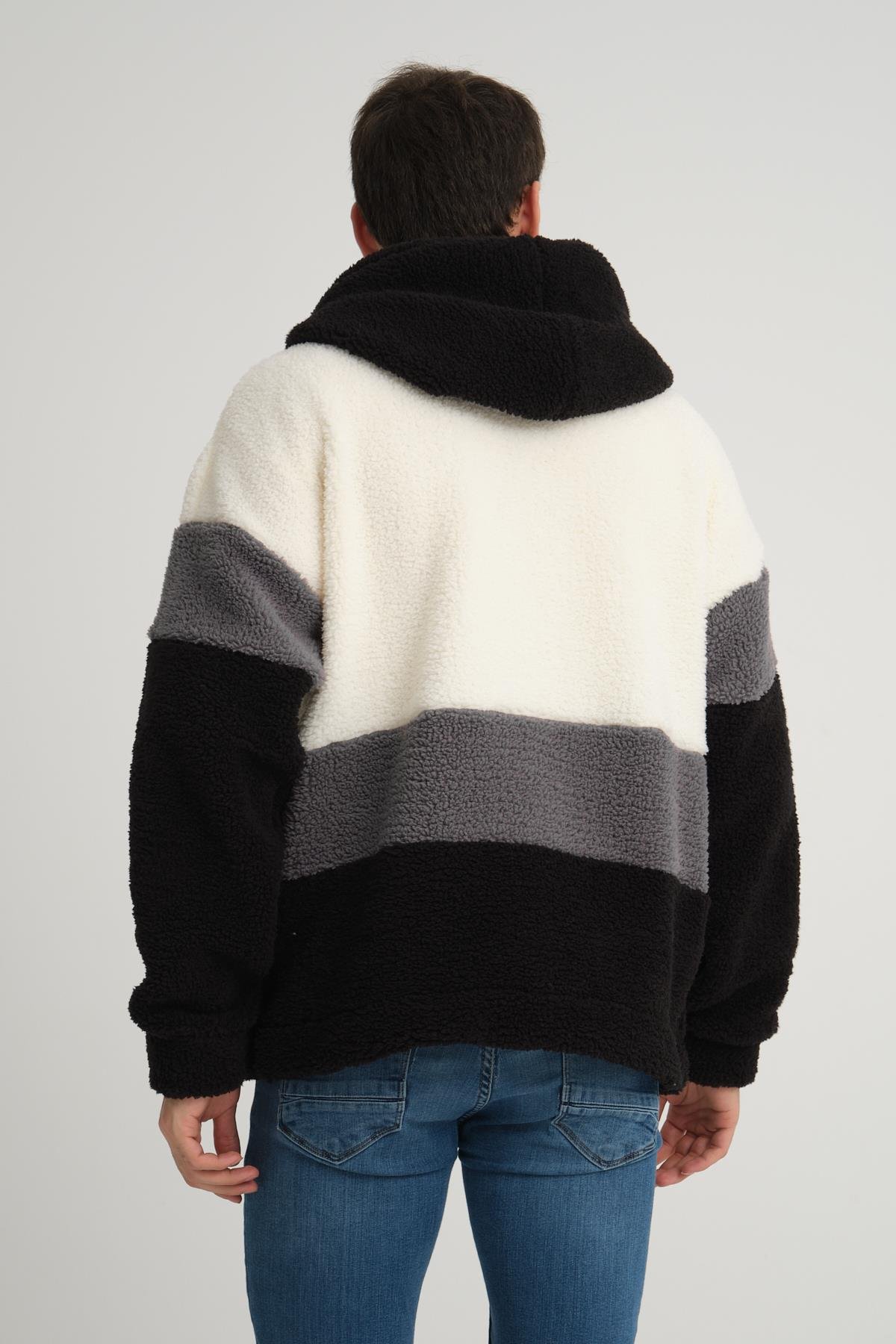 R-2430 Üç Renk Garni Detaylı Fermuarlı Peluş Mont