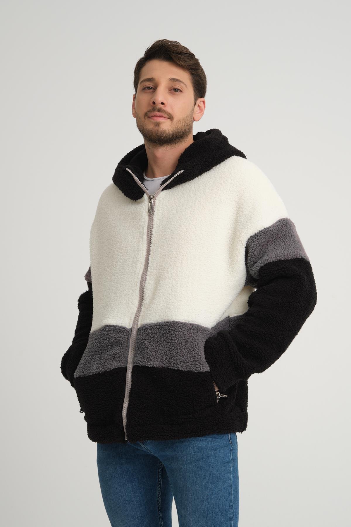 R-2430 Üç Renk Garni Detaylı Fermuarlı Peluş Mont