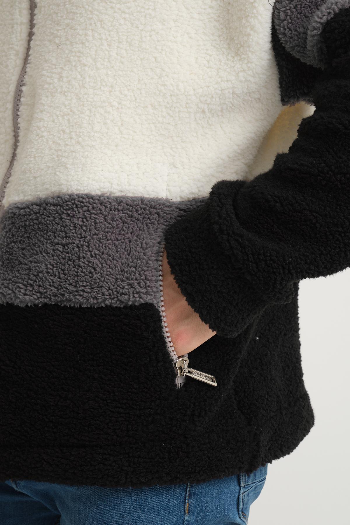 R-2430 Üç Renk Garni Detaylı Fermuarlı Peluş Mont