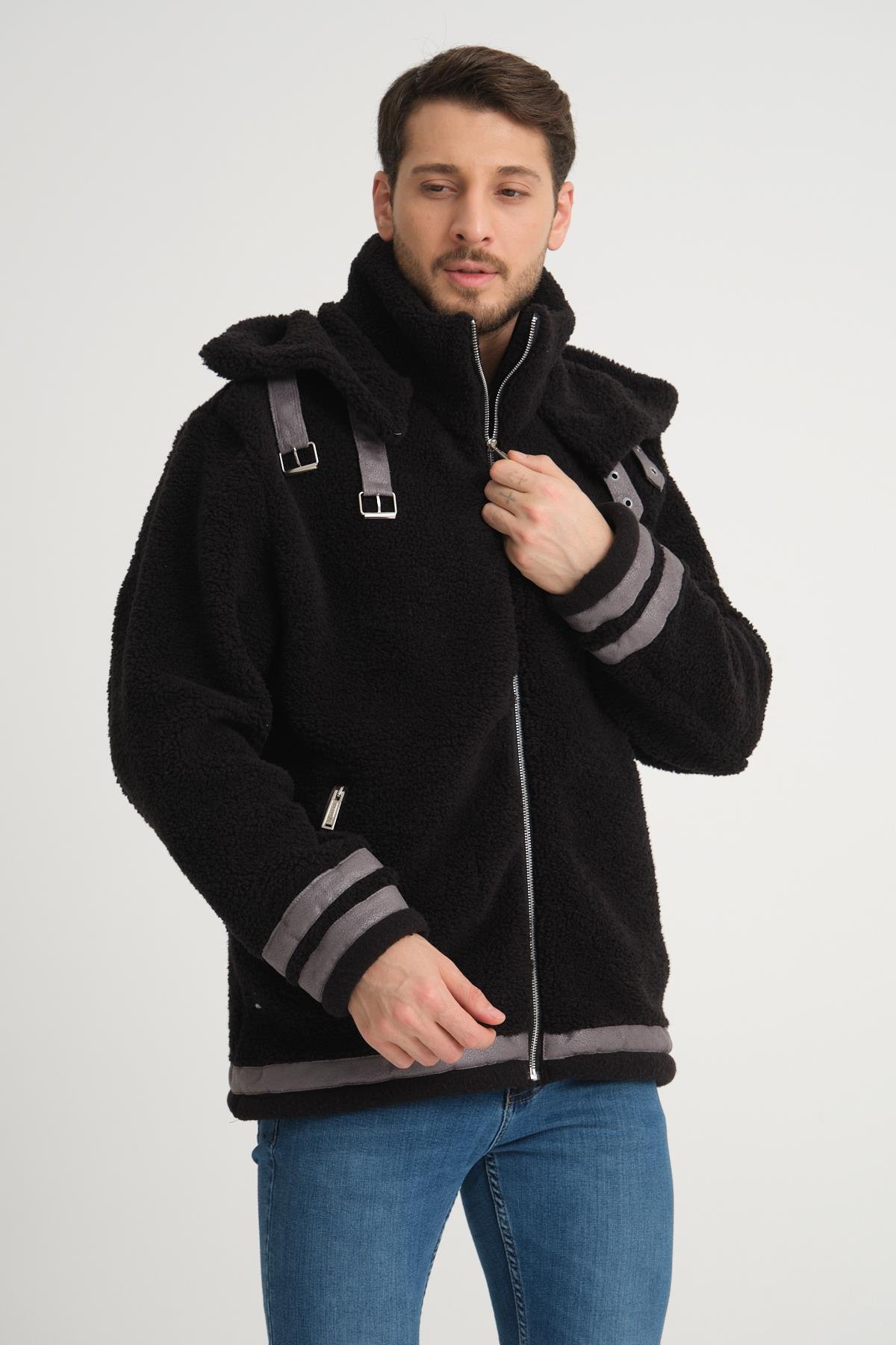 R-2431 Çift Yakalı Garni Detaylı Şardonlu Peluş Mont