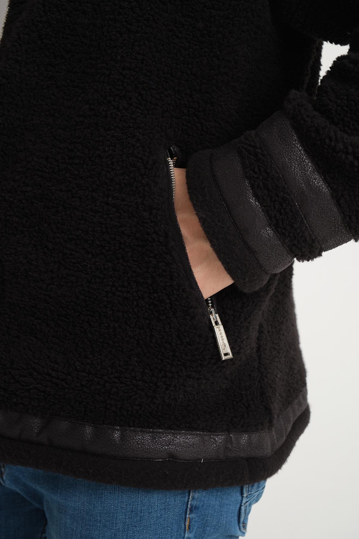 R-2431 Çift Yakalı Garni Detaylı Şardonlu Peluş Mont