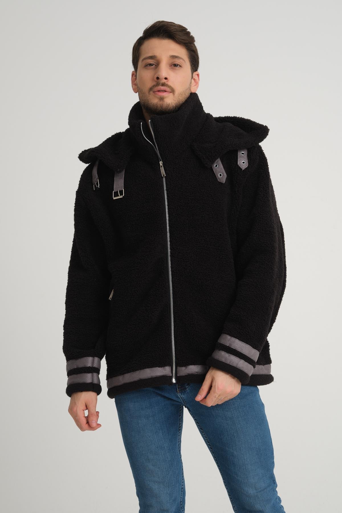 R-2431 Çift Yakalı Garni Detaylı Şardonlu Peluş Mont