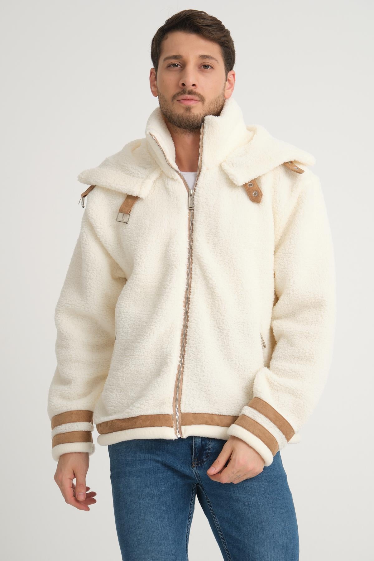 R-2431 Çift Yakalı Garni Detaylı Şardonlu Peluş Mont