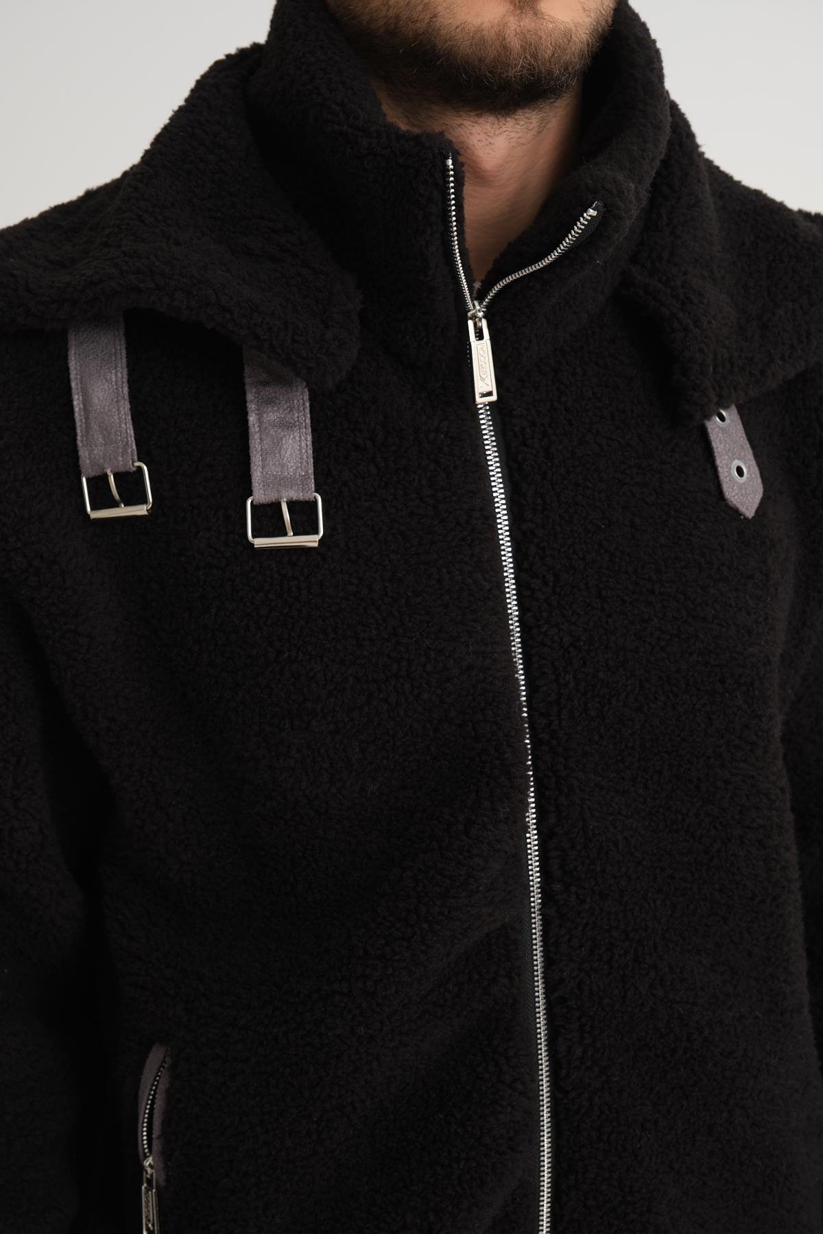 R-2431 Çift Yakalı Garni Detaylı Şardonlu Peluş Mont