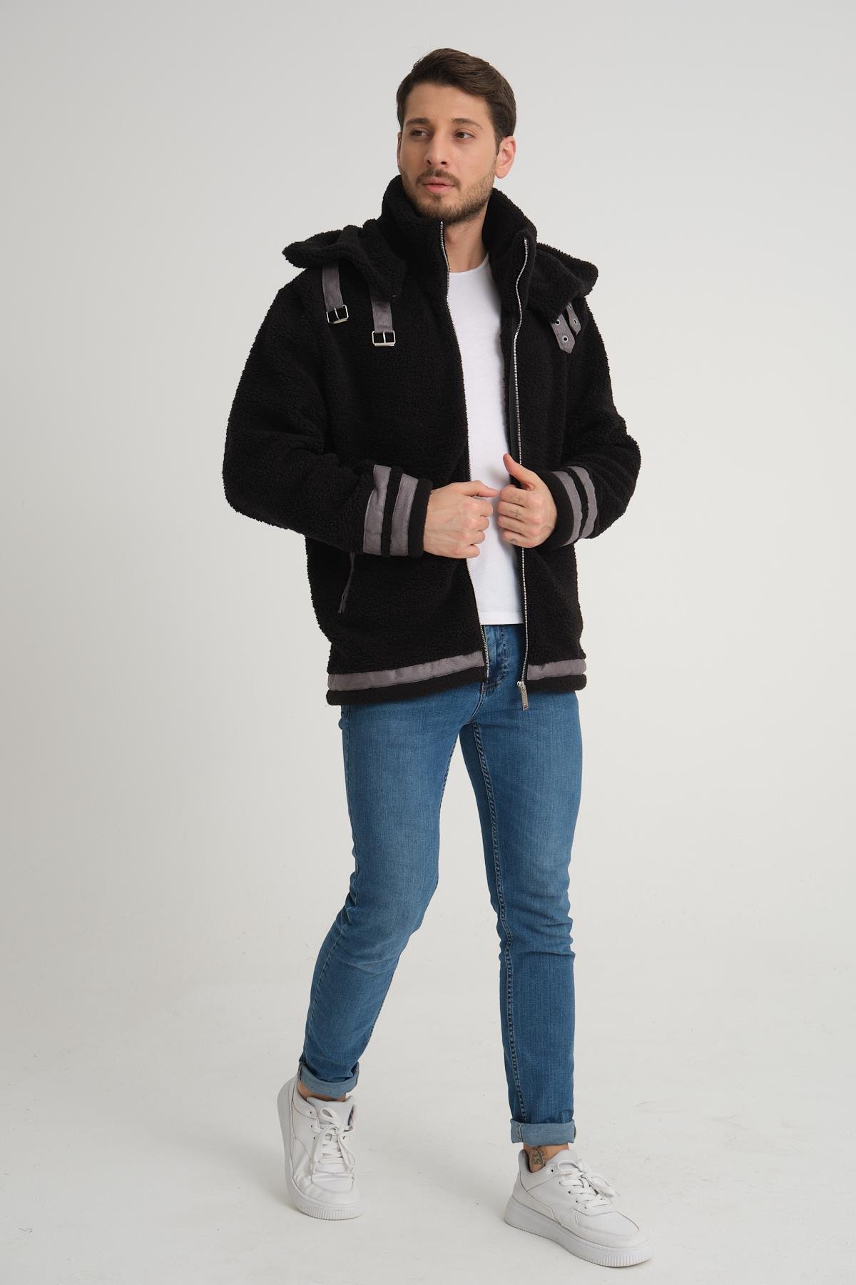 R-2431 Çift Yakalı Garni Detaylı Şardonlu Peluş Mont