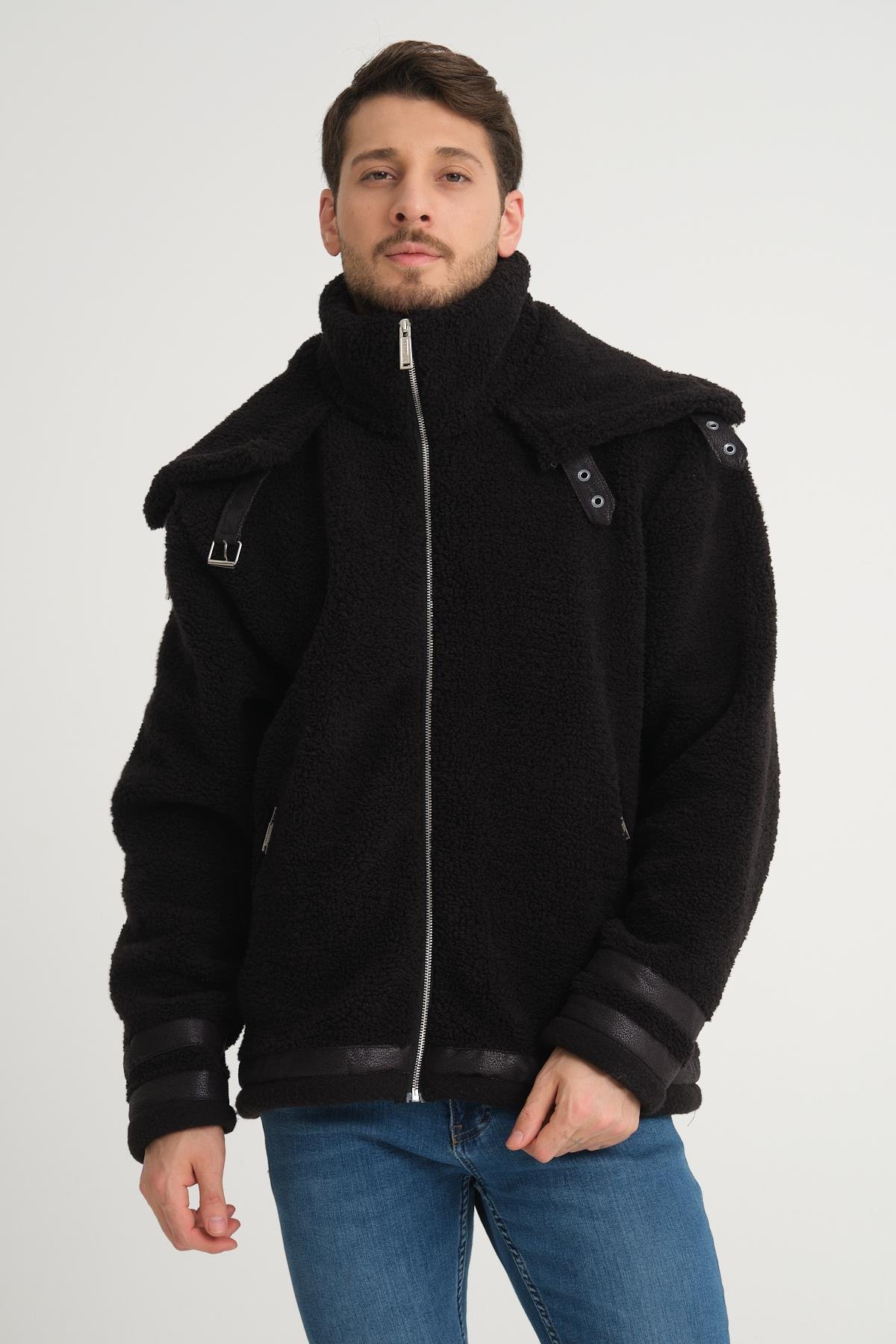 R-2431 Çift Yakalı Garni Detaylı Şardonlu Peluş Mont