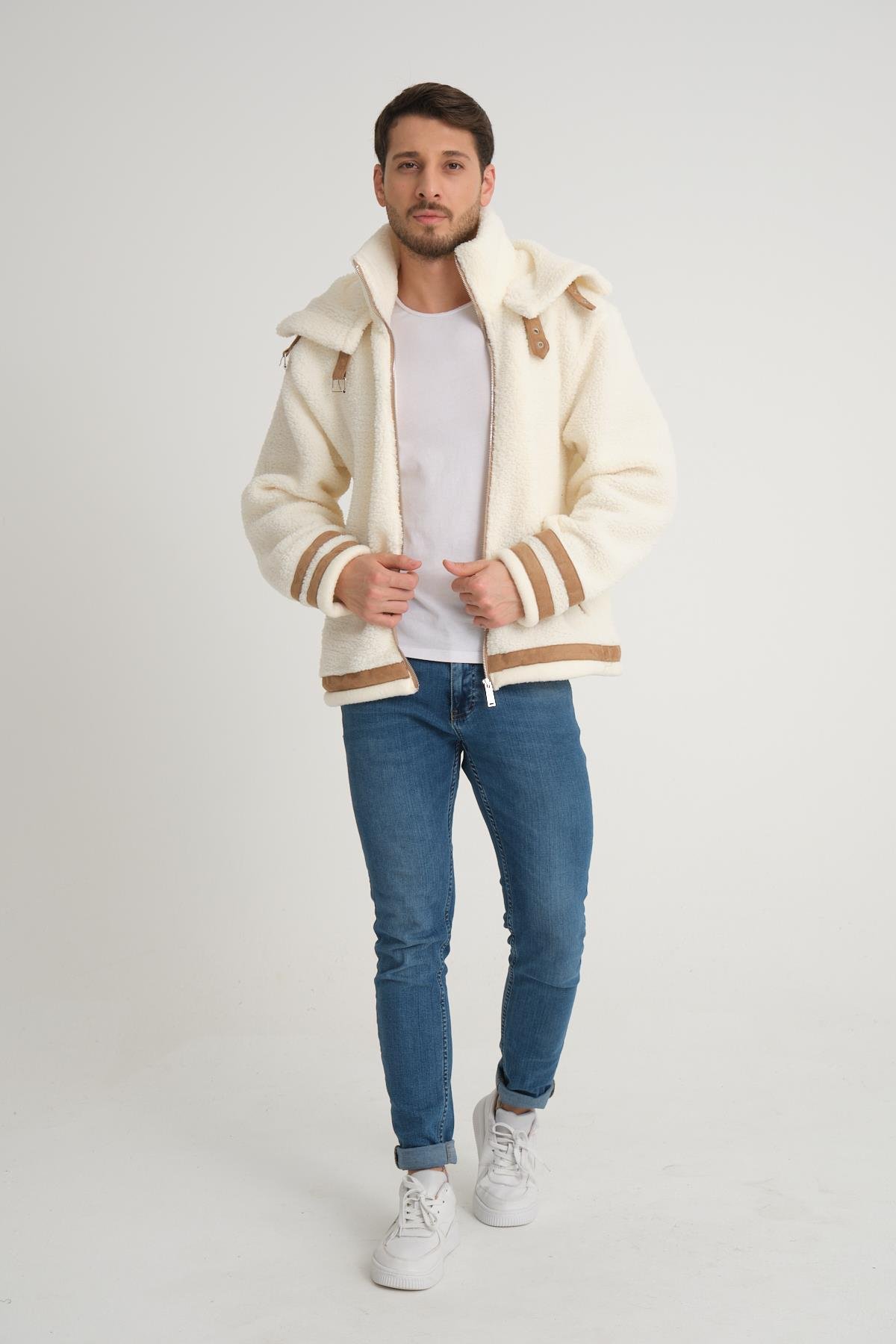 R-2431 Çift Yakalı Garni Detaylı Şardonlu Peluş Mont