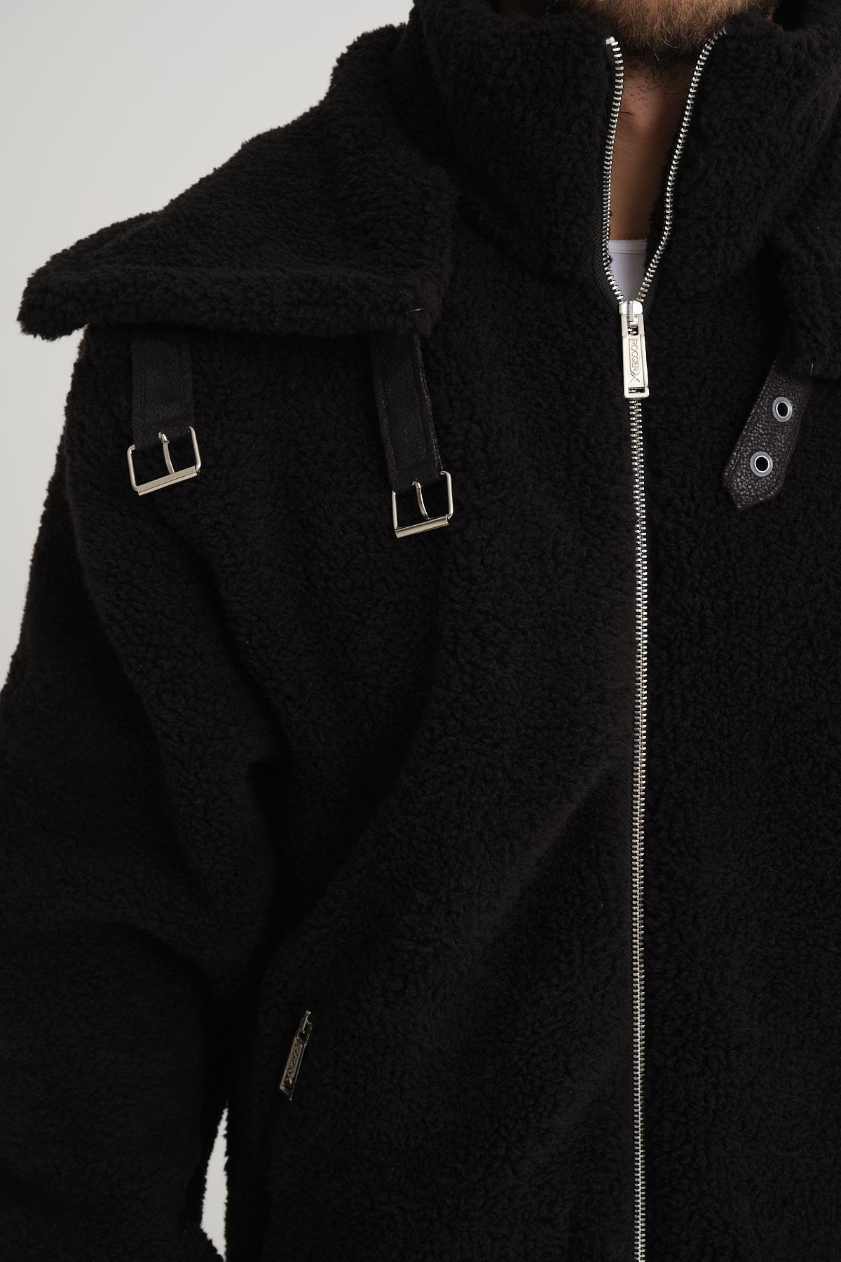 R-2431 Çift Yakalı Garni Detaylı Şardonlu Peluş Mont