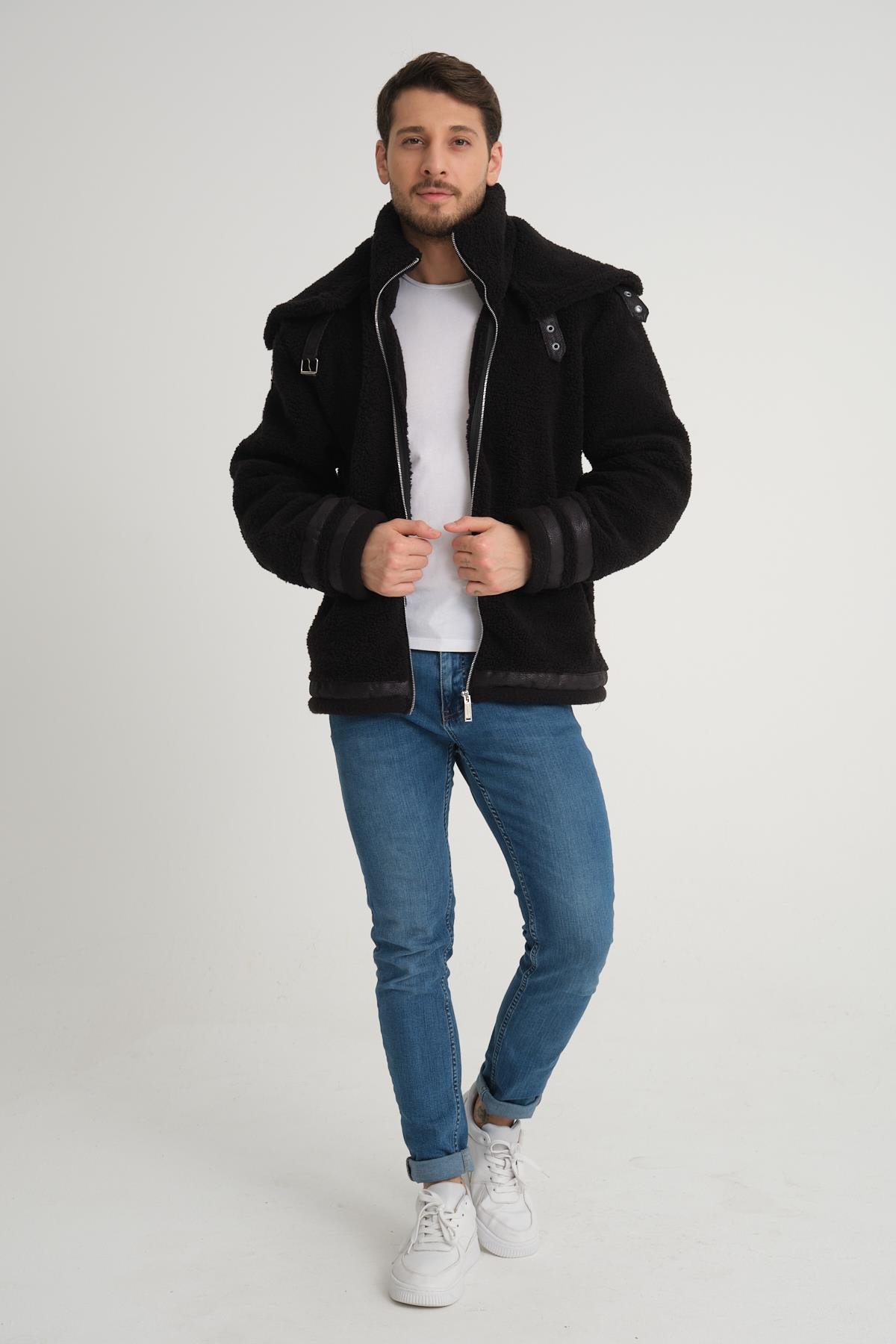R-2431 Çift Yakalı Garni Detaylı Şardonlu Peluş Mont