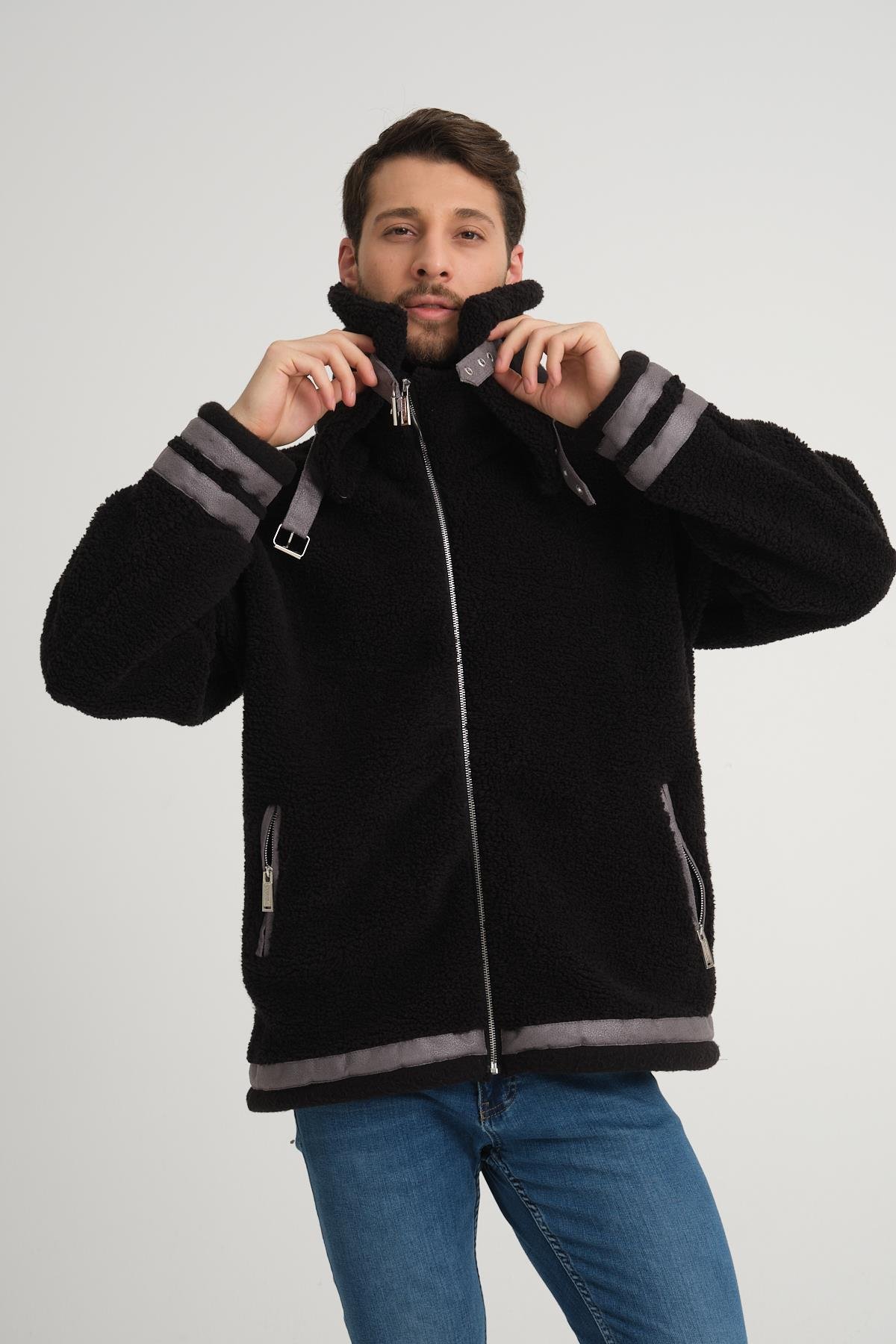 R-2431 Çift Yakalı Garni Detaylı Şardonlu Peluş Mont