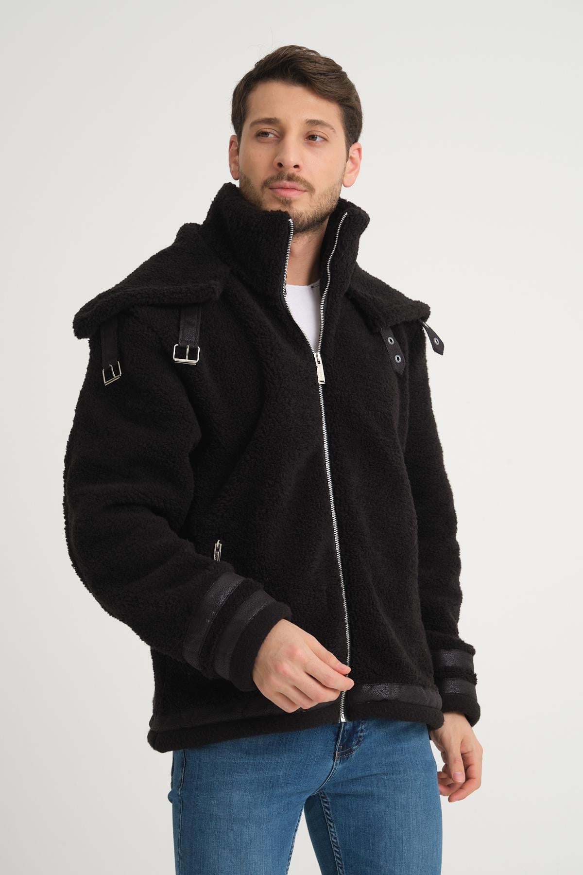 R-2431 Çift Yakalı Garni Detaylı Şardonlu Peluş Mont