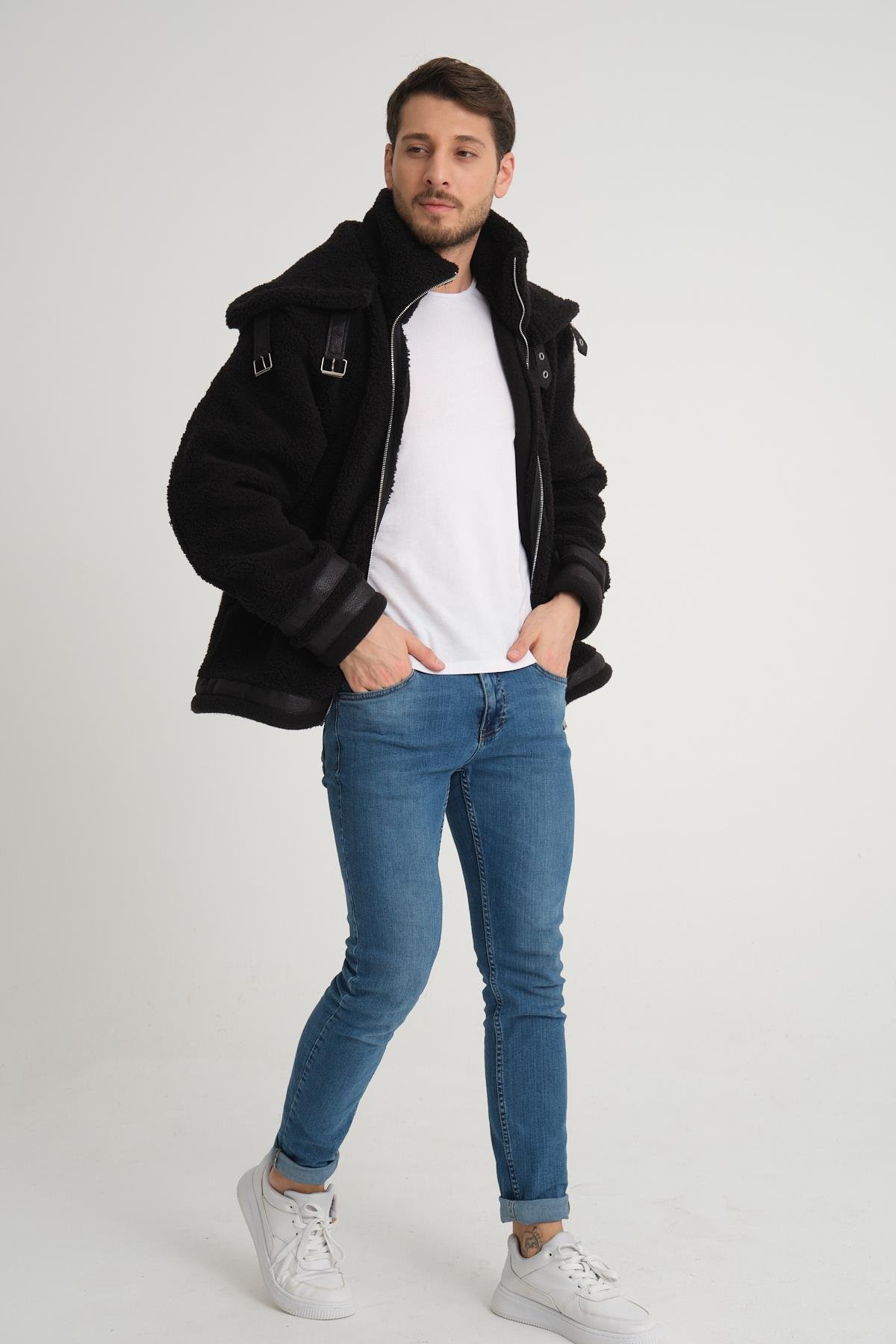 R-2431 Çift Yakalı Garni Detaylı Şardonlu Peluş Mont