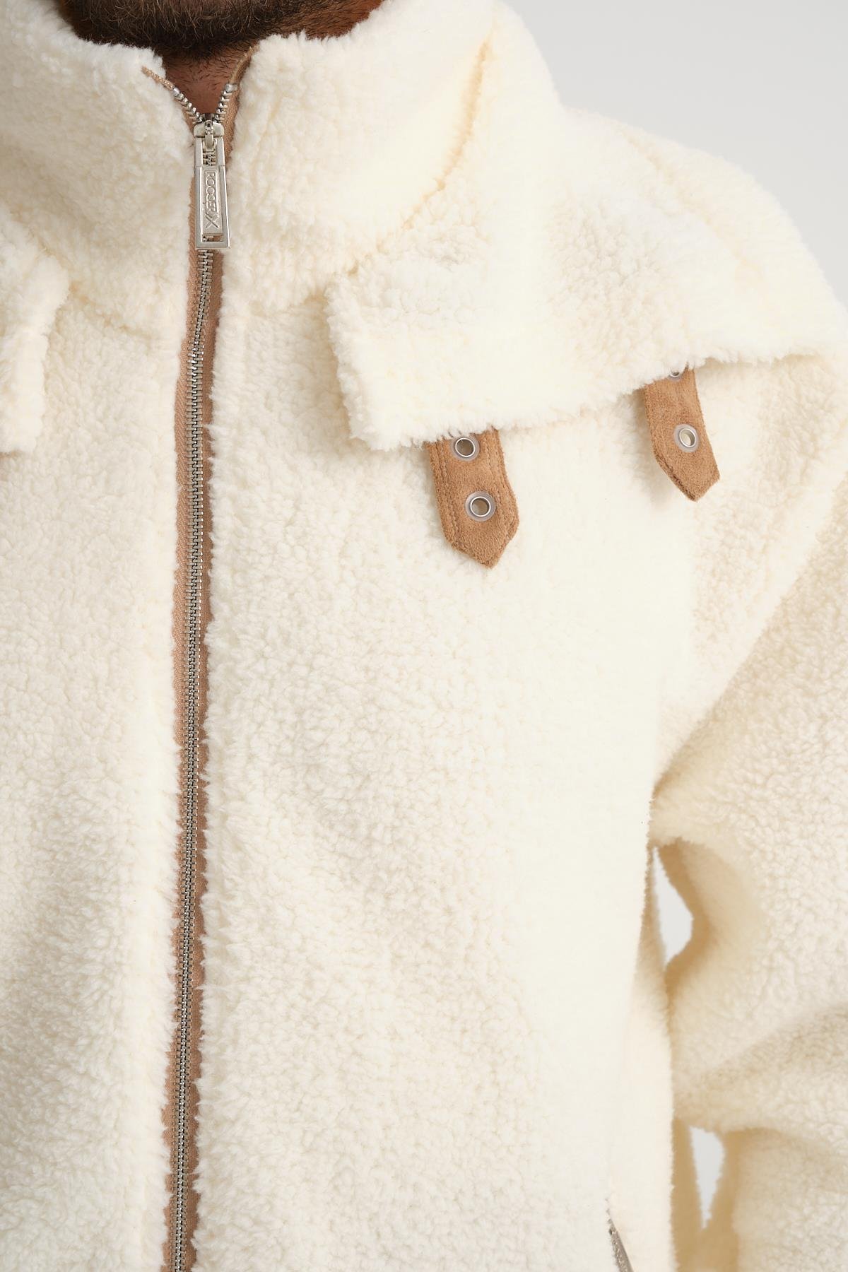 R-2431 Çift Yakalı Garni Detaylı Şardonlu Peluş Mont