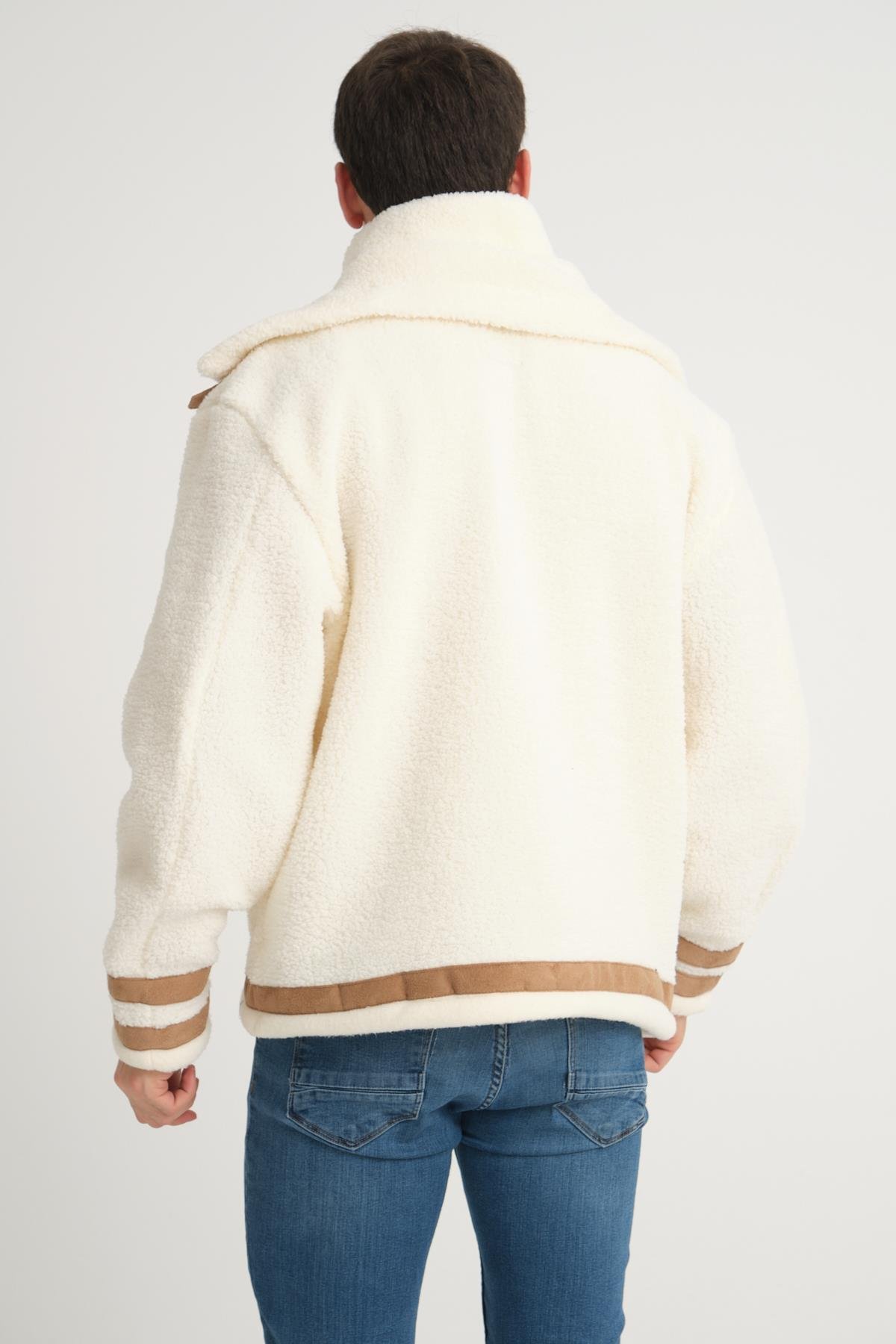 R-2431 Çift Yakalı Garni Detaylı Şardonlu Peluş Mont