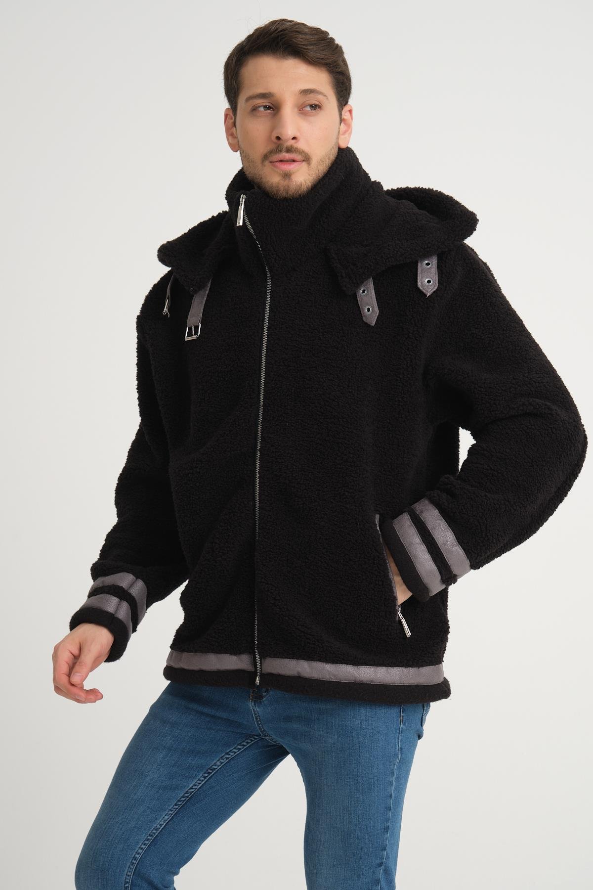 R-2431 Çift Yakalı Garni Detaylı Şardonlu Peluş Mont