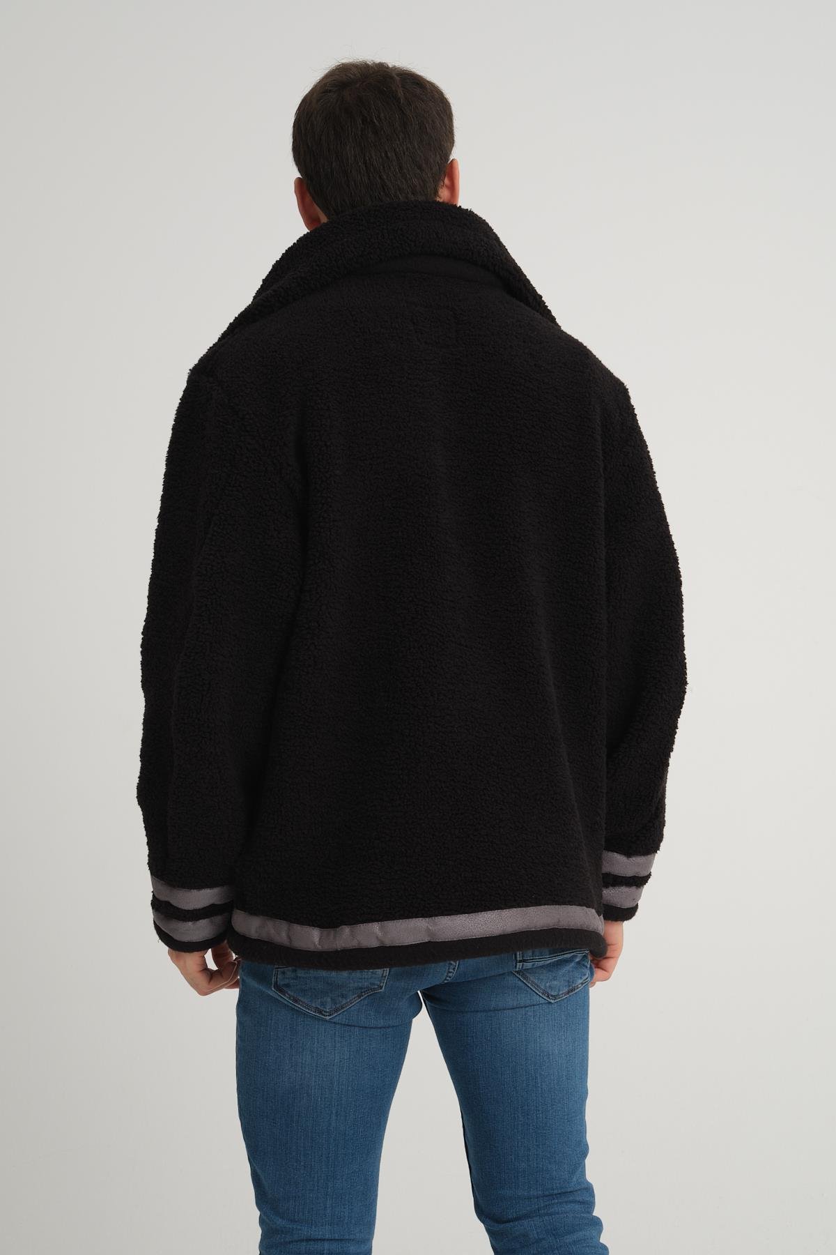 R-2431 Çift Yakalı Garni Detaylı Şardonlu Peluş Mont